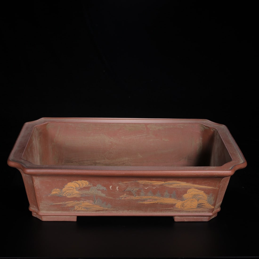 A purple clay clay painting landscape floating mouth rectangular basin made by Chen Wenqing in the: Qing Dynasty Chen Wenqing's purple mud clay painting landscape floating mouth rectangular basin Size:L:52cmW:33cmH:15.5cm (The Dimensions Of All Batches Are Manually Measured.If