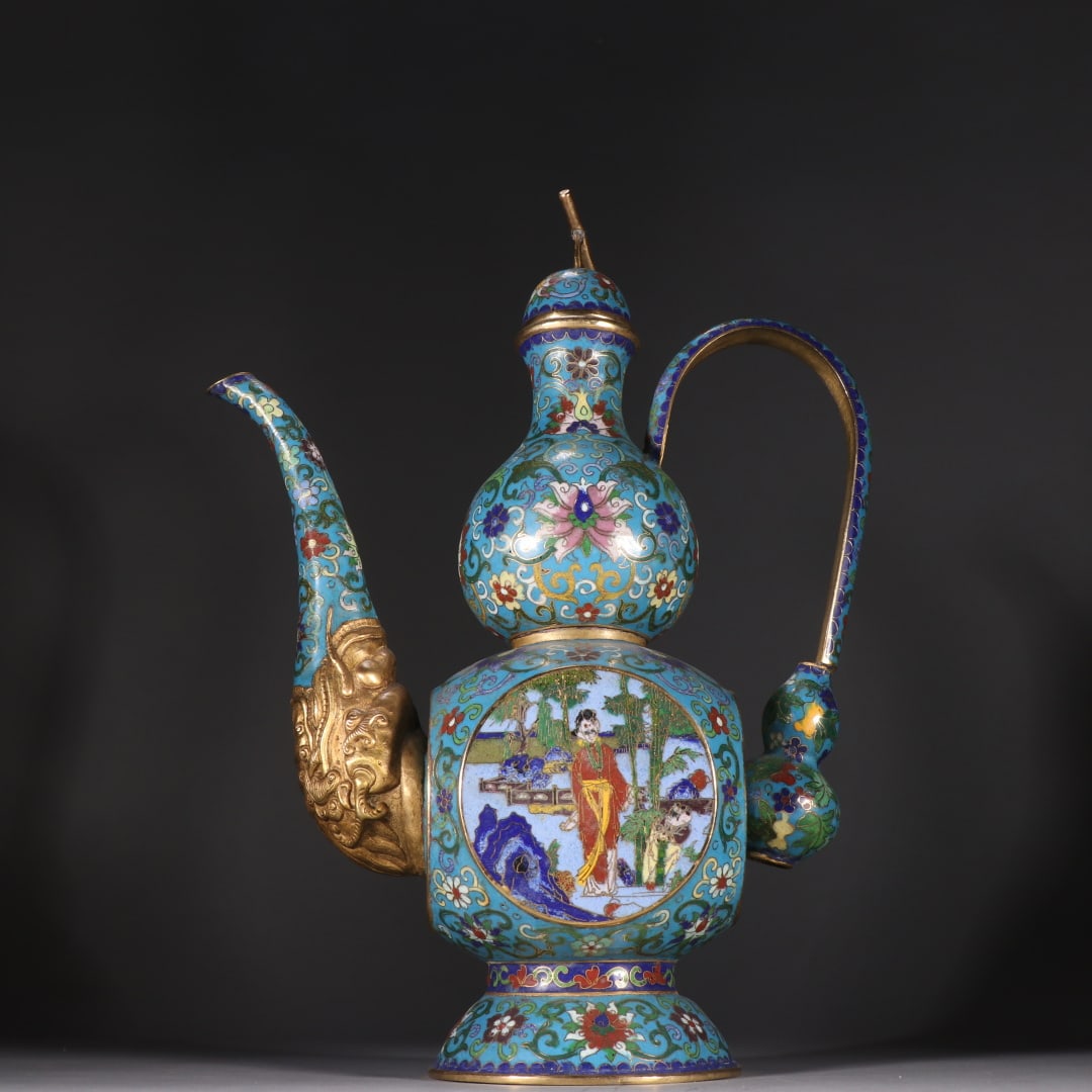 A Qing Dynasty copper-gilt cloisonné window story gourd-shaped pot: Qing Dynasty copper gilt cloisonné window story gourd-shaped pot Size:H:37cmW:27cmW:1.8057kg (The Dimensions Of All Batches Are Manually Measured.If You Need More Detailed Information, Please Contact