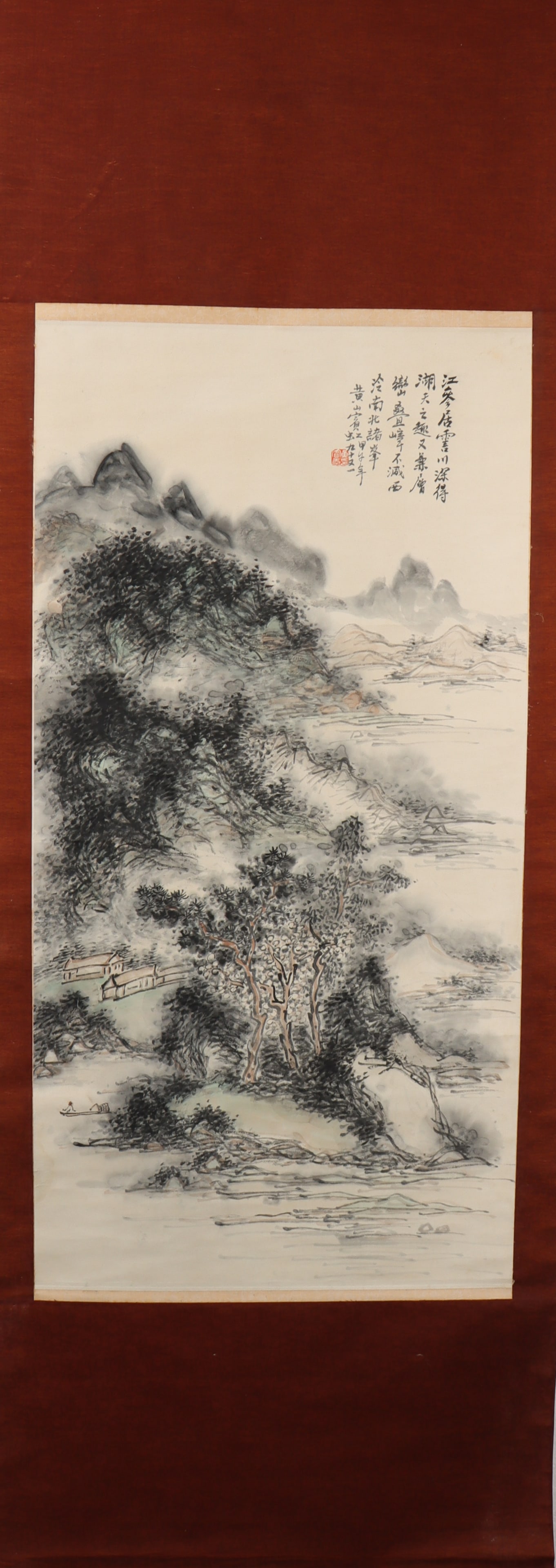 A Chinese Vertical Scroll Ink Painting of Landscape on Paper (1 of 4)