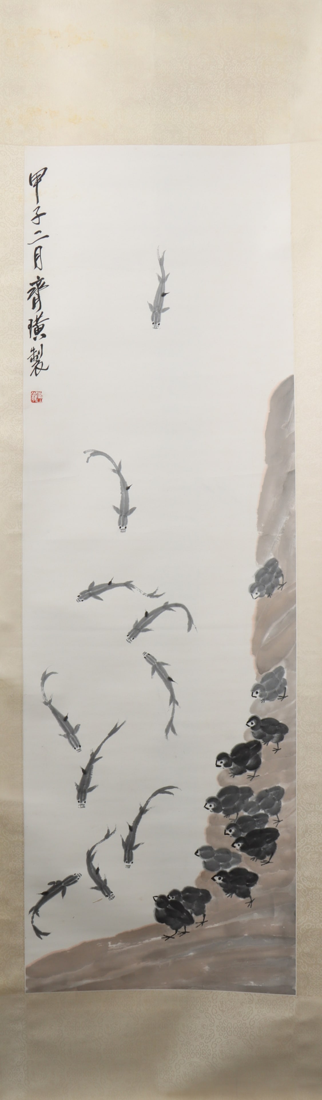 A Chinese Vertical Scroll Ink Painting of Fish on Paper: A Chinese Vertical Scroll Ink Painting of Fish on Paper Qi baishi Size:151cmx48cm (The Dimensions Of All Batches Are Manually Measured.If You Need More Detailed Information, Please Contact Our Custome