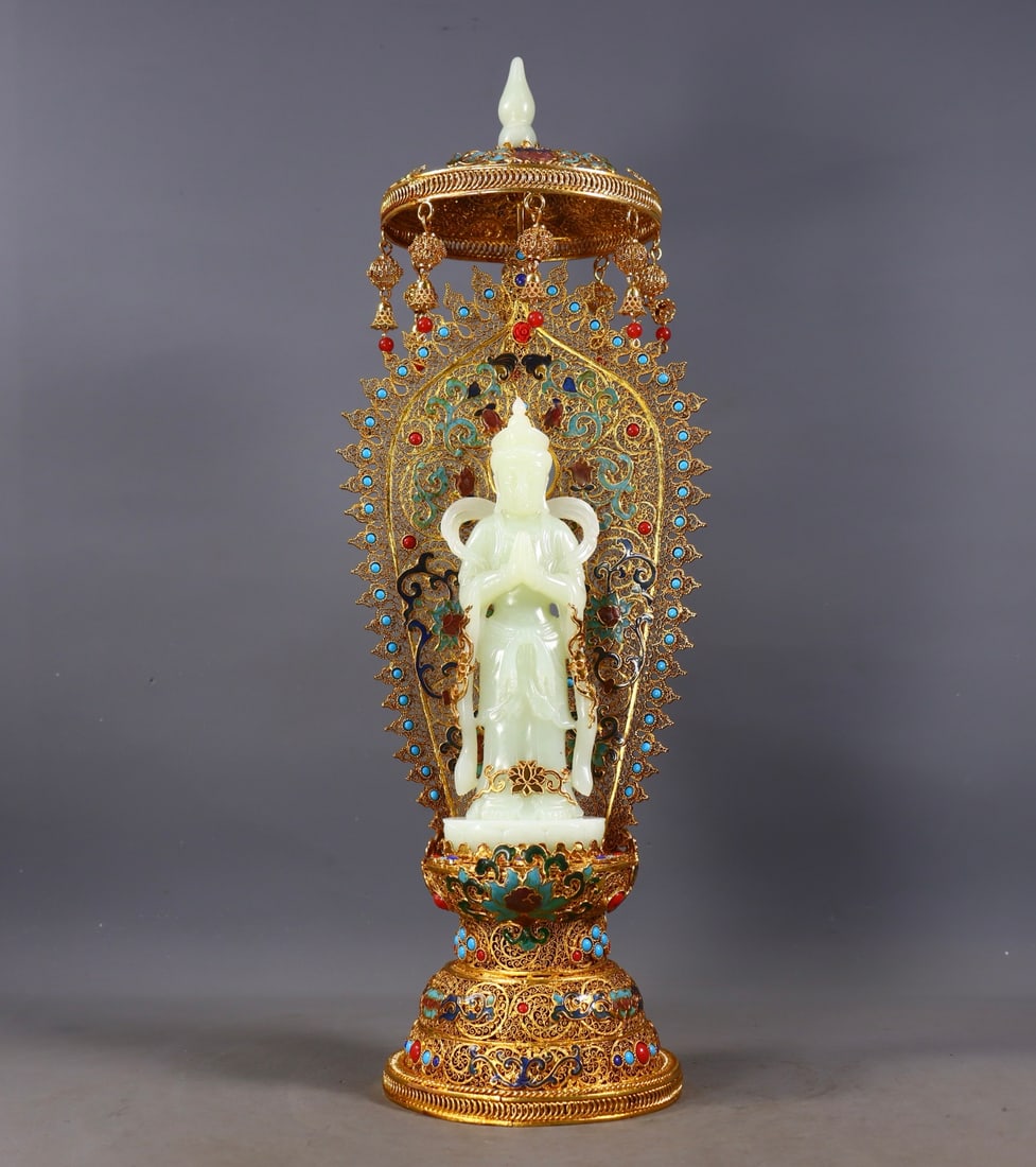 An Exquisite Gilt Bronze Inlaid White Jade Buddha Statue (1 of 9)