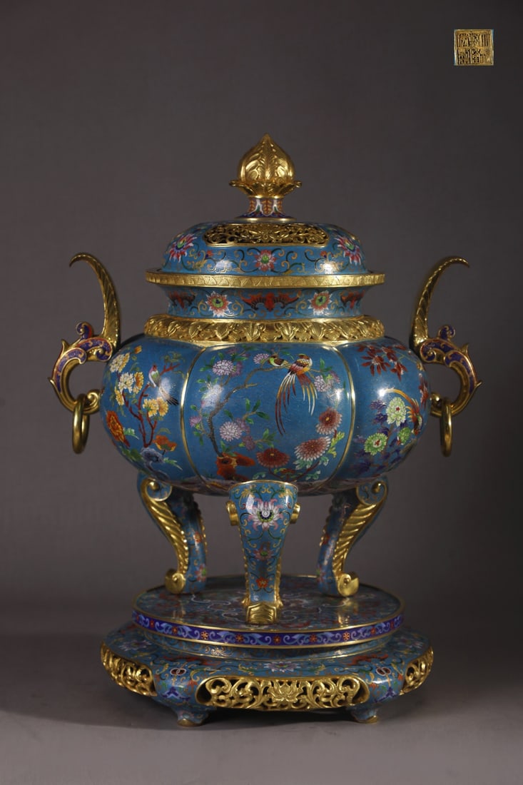 An Exquisite Cloisonne Flower and Bird Pattern Lotus Pattern Double-Ears and Tripod Censer (1 of 9)