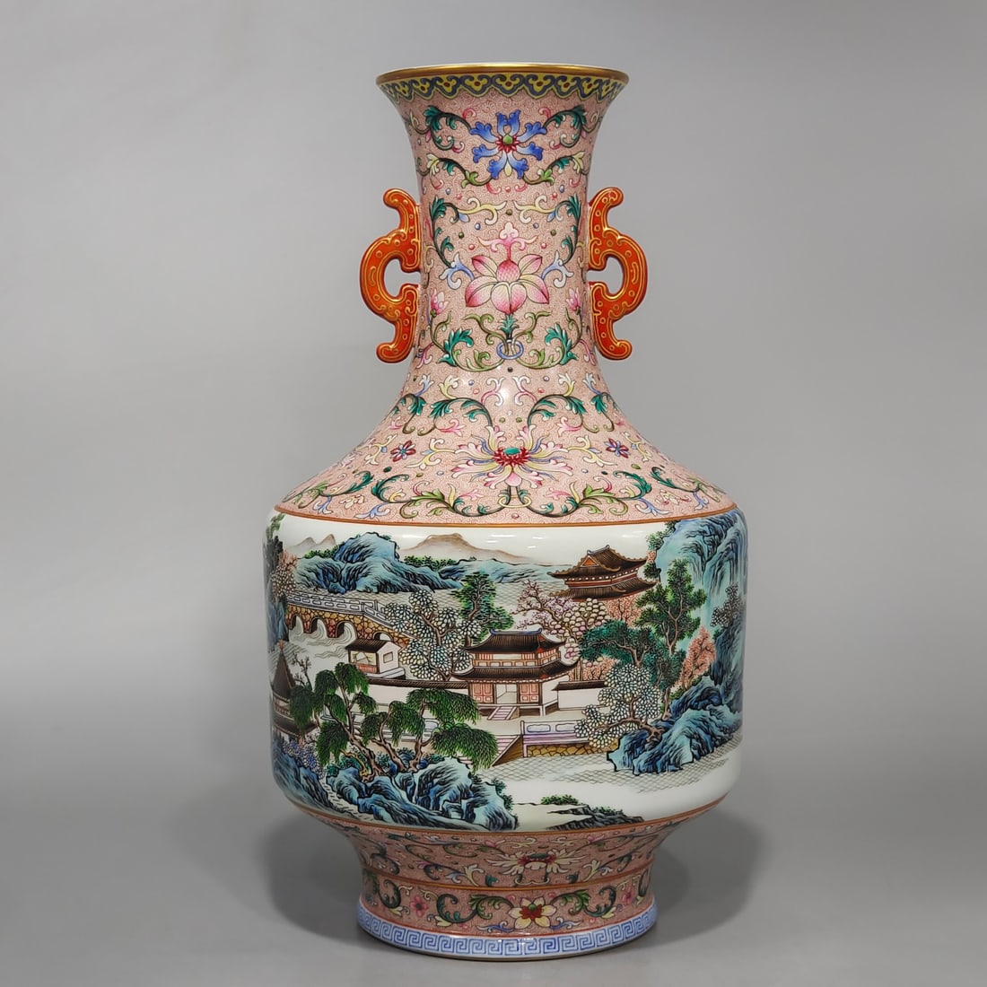 An Exquisite Famille-Rose Lotus Pattern Landscape Pattern Double-Ears Vase: An Exquisite Famille-Rose Lotus Pattern Landscape Pattern Double-Ears Vase Qing Dynasty, China Qianlong Six-character Mark Size:38cmx22cm (The Dimensions Of All Batches Are Manually Measured.If You Ne
