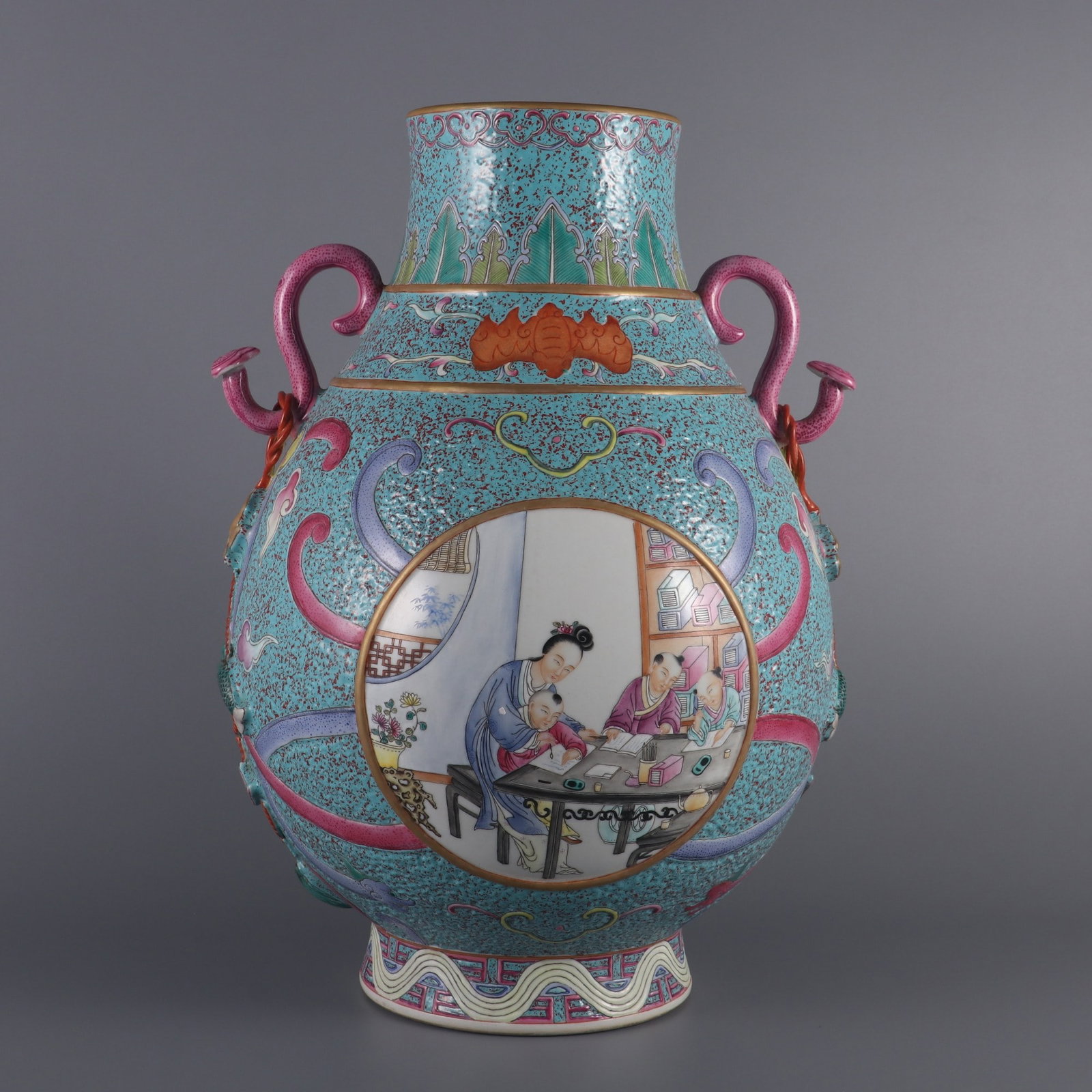 An Exquisite Famille-Rose Robin's-Egg-Glazed Character and Story Pattern Double-Ears Vase: An Exquisite Famille-Rose Robin's-Egg-Glazed Character and Story Pattern Double-Ears Vase Qing Dynasty, China Qianlong Six-character Mark Size:39.5cmx25cm (The Dimensions Of All Batches Are