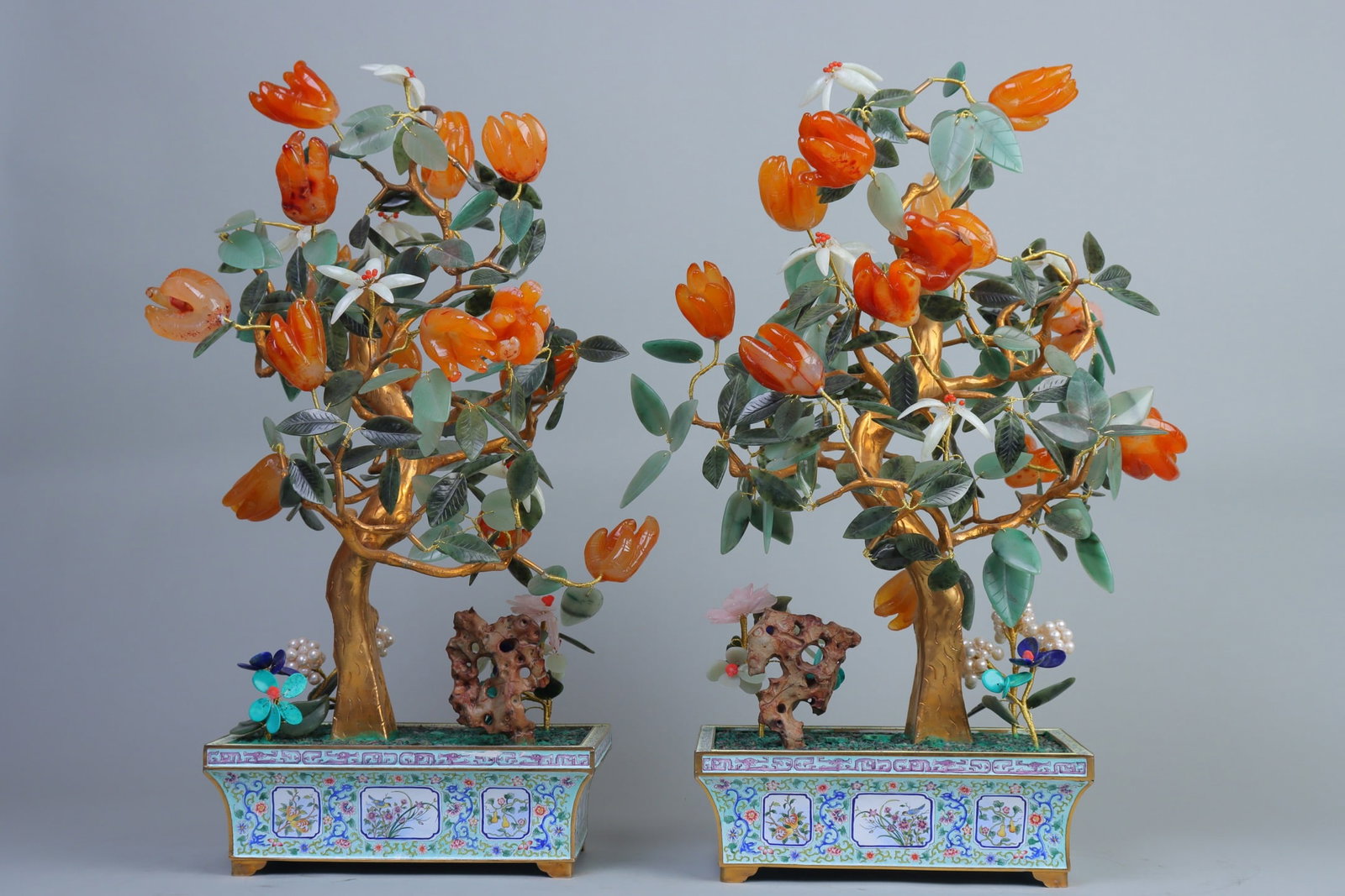 A Pair of Exquisite Cloisonne Inlaid Agate Flower and Fruit Pattern Bonsai: A Pair of Exquisite Cloisonne Inlaid Agate Flower and Fruit Pattern Bonsai Qing Dynasty, China Size:55cmx30cm (The Dimensions Of All Batches Are Manually Measured.If You Need More Detailed Information