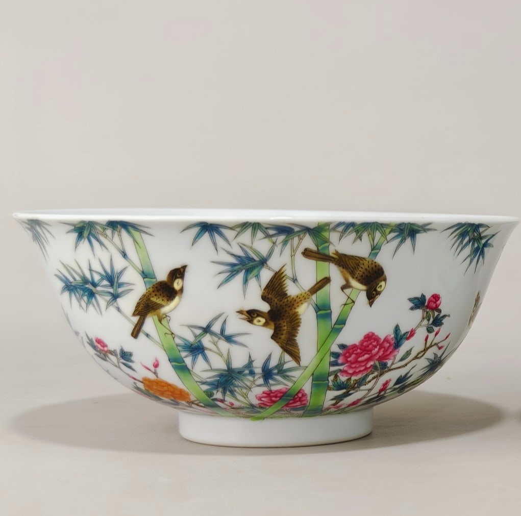 An Exquisite Enamel Flower and Bird Pattern with poem Bowl: An Exquisite Enamel Flower and Bird Pattern with poem Bowl Qing Dynasty, China Yongzheng Four-character Mark Size:7.6cmx16.8cm (The Dimensions Of All Batches Are Manually Measured.If You Need More Det