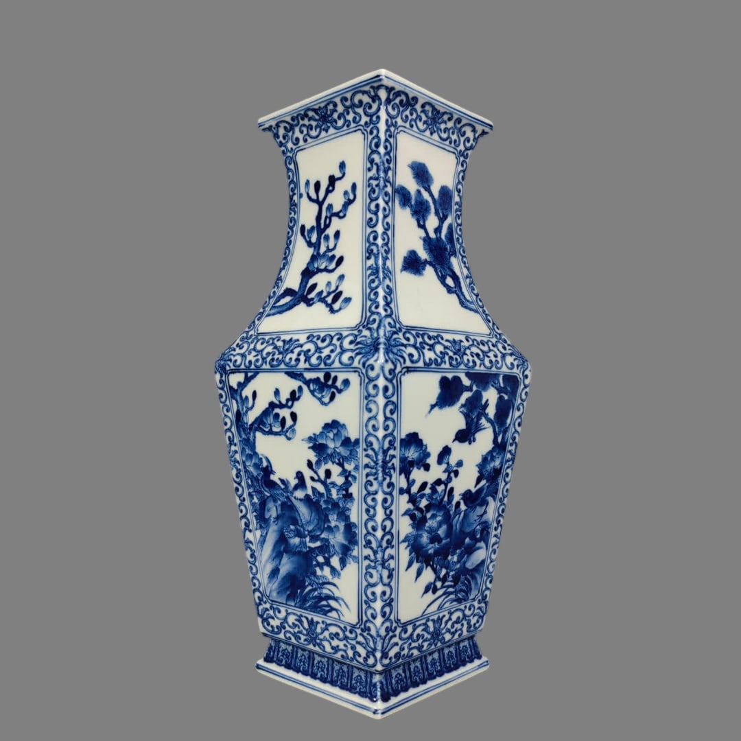 A Qing Dynasty blue and white diamond-shaped consecrated flower and bird vase: Qing Dynasty blue and white diamond-shaped consecrated flower and bird vase SIZE: L:25.8cm W:20cm H:41.5cm (The Dimensions Of All Batches Are Manually Measured.If You Need More Detailed Information, P