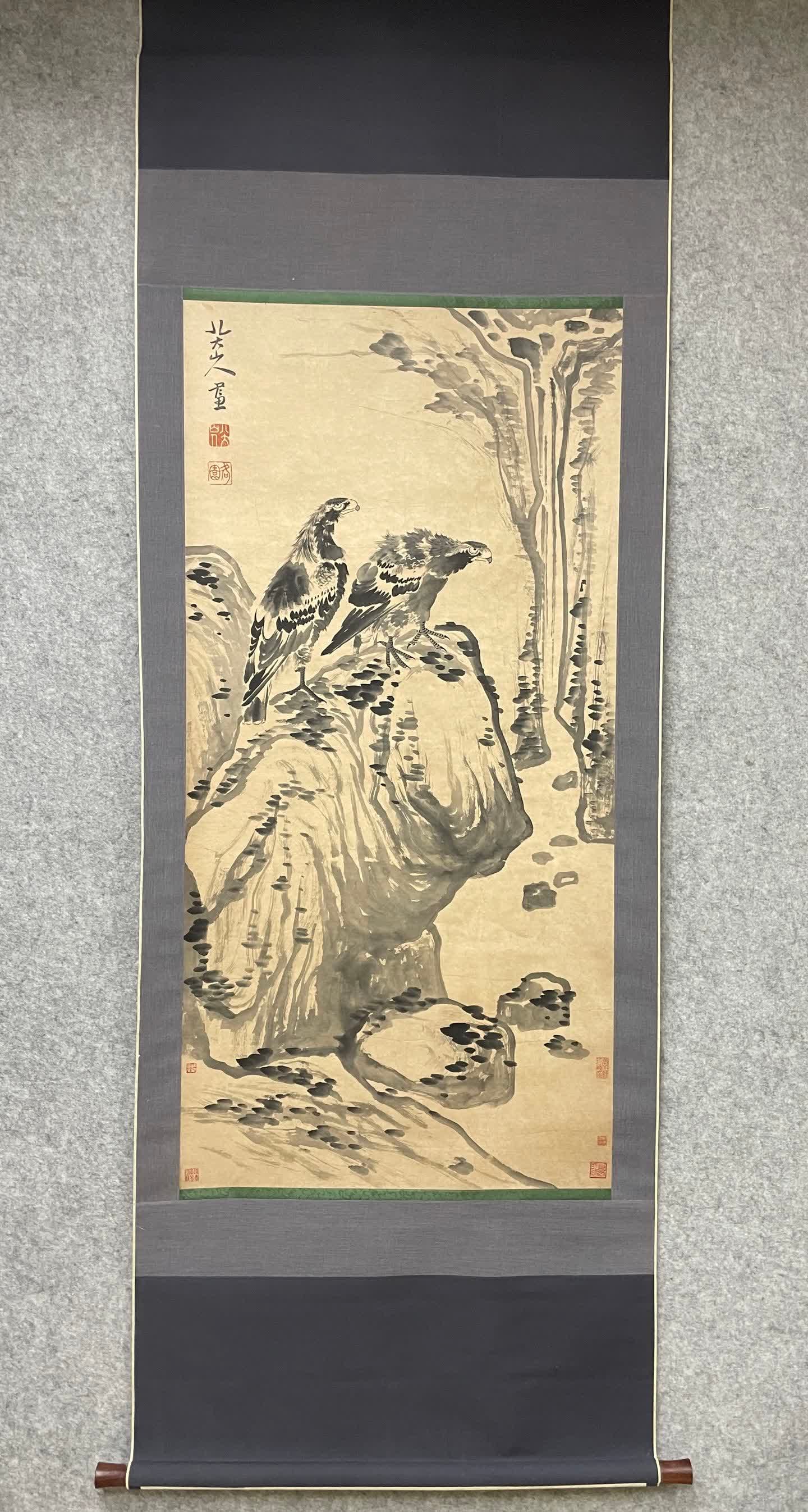 A picture of the bird and stone of the people of the Eight Great Mountains: Bird stone picture of the eight mountain people SIZE: Painting Core67x137cm (The Dimensions Of All Batches Are Manually Measured.If You Need More Detailed Information, Please Contact Our Customer Serv