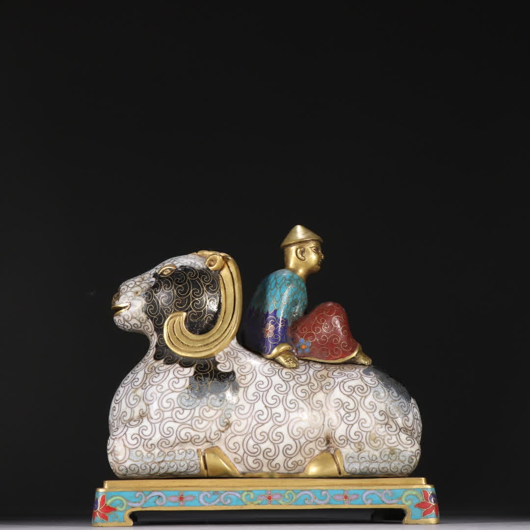 A Qing Dynasty copper-gilt cloisonné shepherd's ornament: Qing Dynasty copper gilt cloisonné shepherd ornament SIZE: H:15.5cm W:15.8cm W:2233.1g (The Dimensions Of All Batches Are Manually Measured.If You Need More Detailed Information, Please Contact Our C