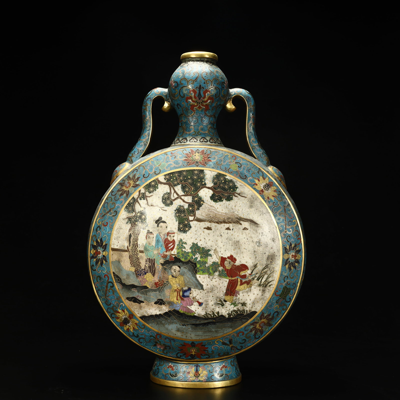 A Qing Dynasty copper tire cloisonné enamel baby play picture holding the moon bottle: Qing Dynasty copper tire cloisonné enamel baby play picture holding the moon bottle SIZE: H:42cm L:27cm W:14cm W:3.9kg (The Dimensions Of All Batches Are Manually Measured.If You Need More Detailed I