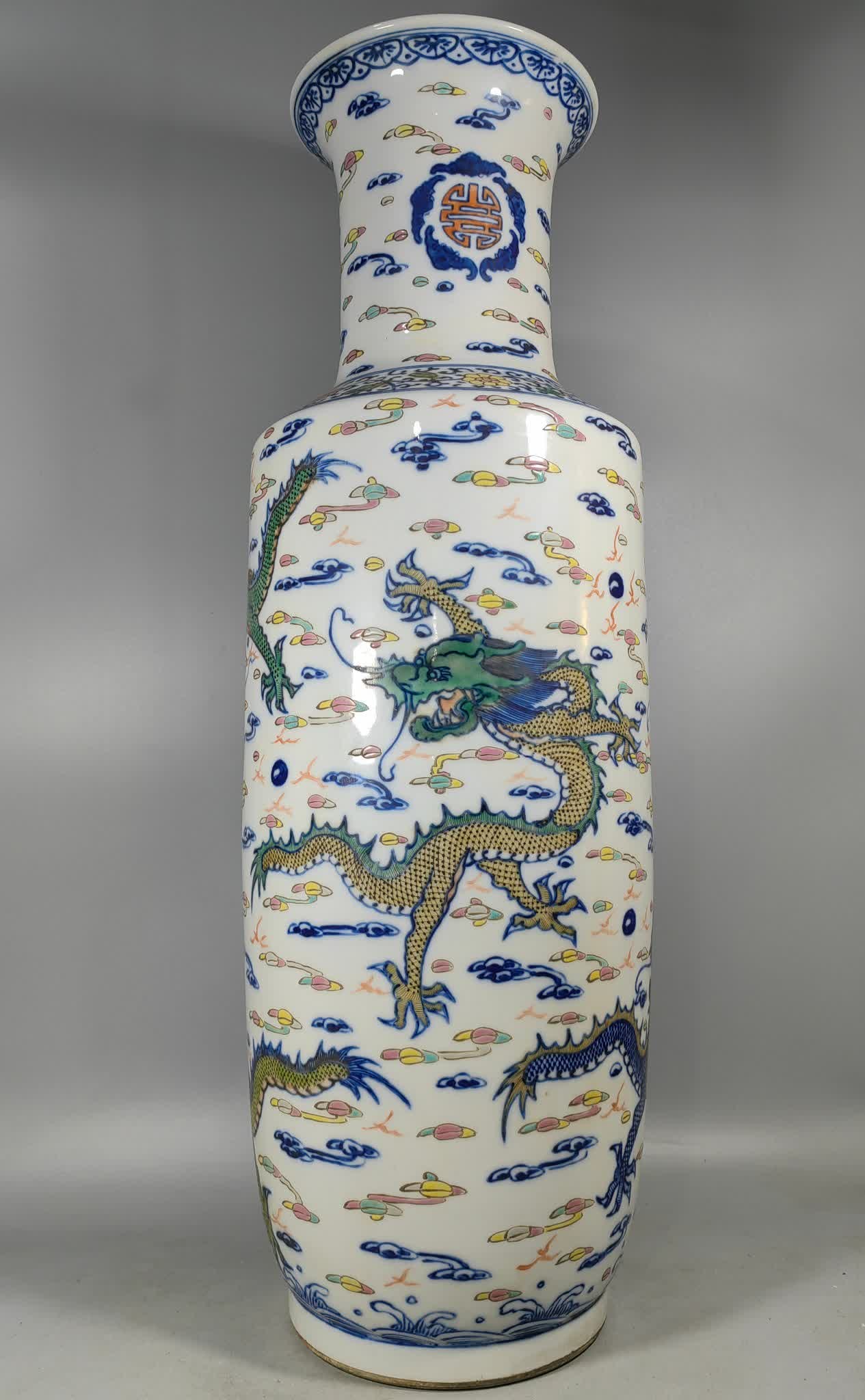 A Qing Dynasty Doucai dragon pattern stick bottle: Qing Dynasty Doucai dragon pattern stick bottle SIZE: H:72cm W:24.6cm (The Dimensions Of All Batches Are Manually Measured.If You Need More Detailed Information, Please Contact Our Customer Service Be