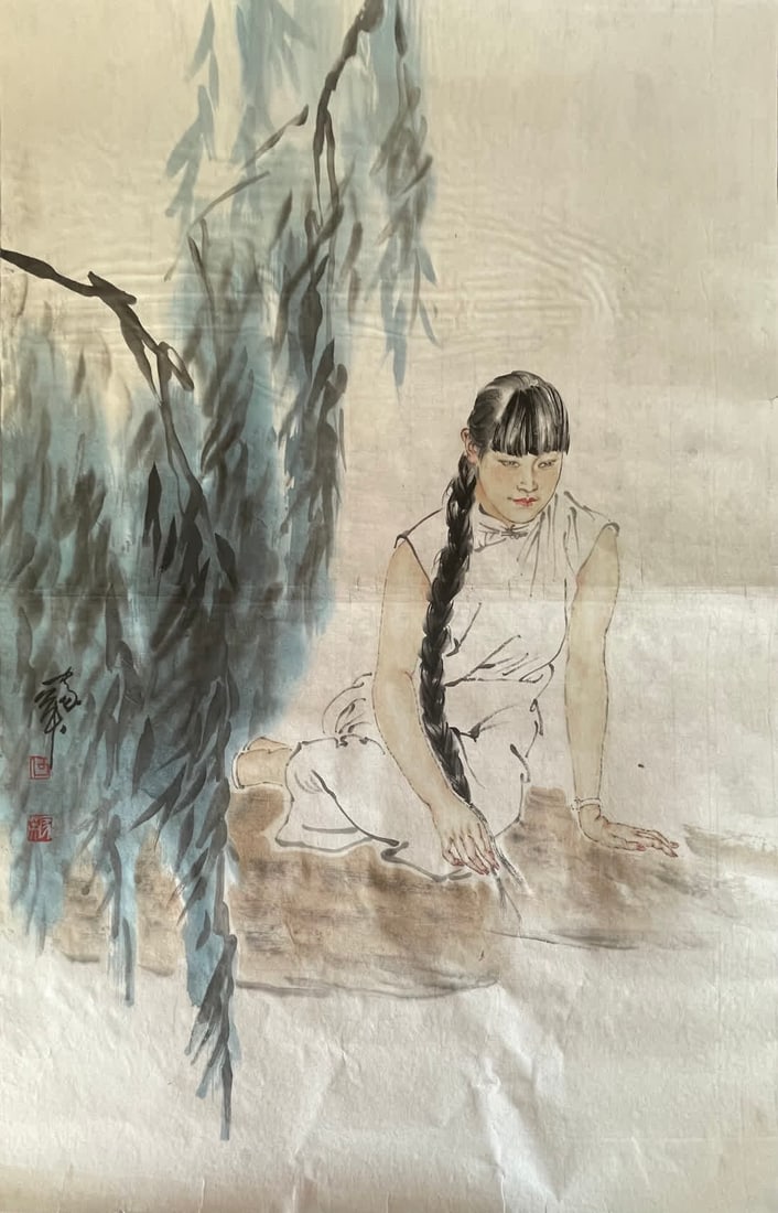 A picture of He Jiaying's willow shade girl: He Jiaying's picture of a willow shade girl SIZE: Painting Core69x46cm (The Dimensions Of All Batches Are Manually Measured.If You Need More Detailed Information, Please Contact Our Customer Service B