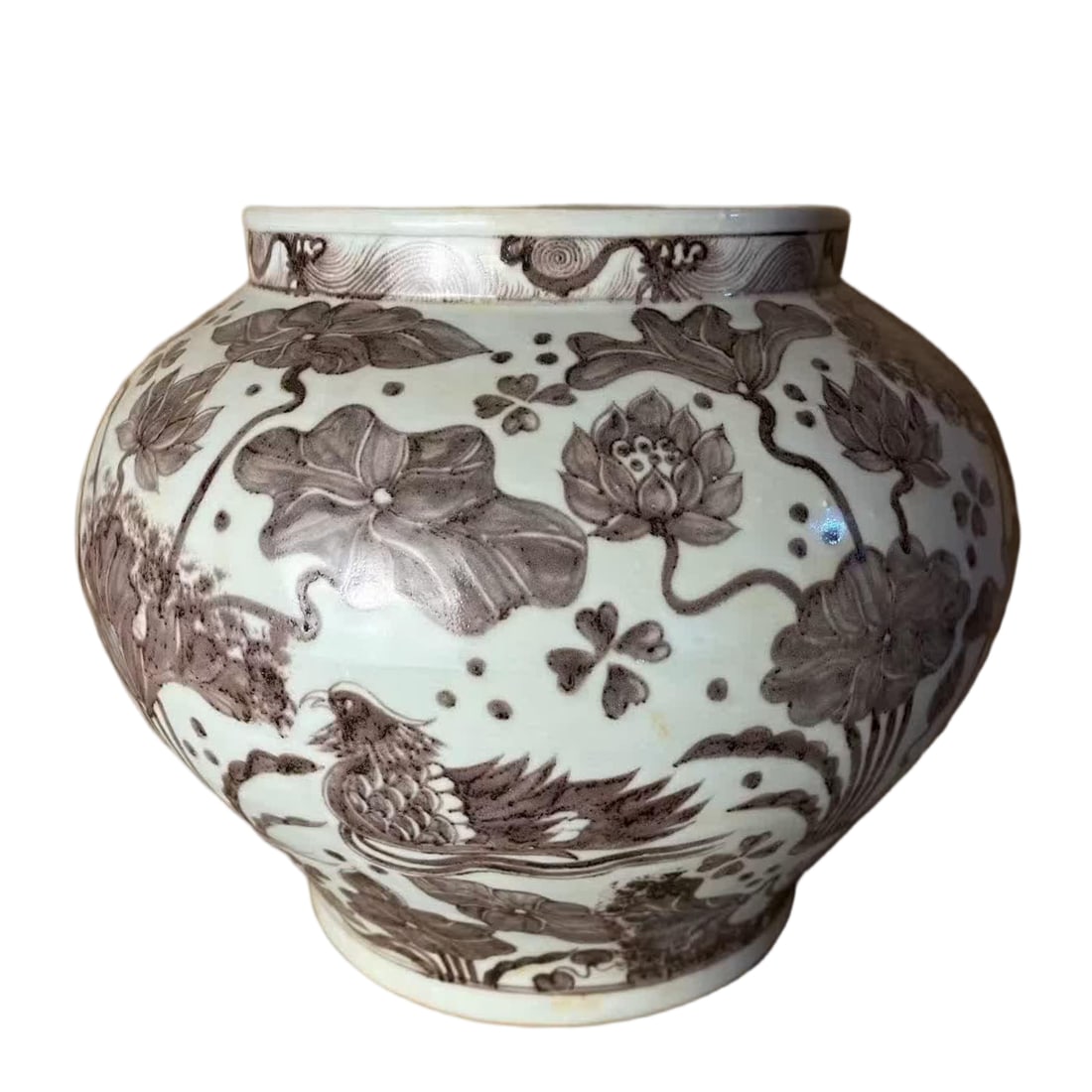 A firewood kiln fired Yuan Dynasty glazed red lotus phoenix pattern jar: The firewood kiln fires the glazed red lotus phoenix pattern jar in the Yuan Dynasty SIZE: H:28.5cm D:27cm (The Dimensions Of All Batches Are Manually Measured.If You Need More Detailed Information, P