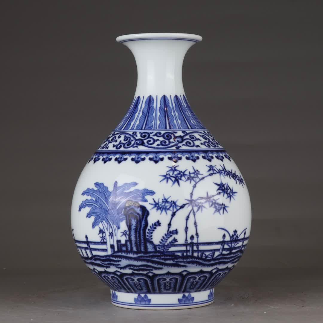 A Qing Qianlong blue and white jade pot spring: Qing Qianlong blue and white jade pot spring SIZE: H: 28.8cm Belly diameter 19.5cm (The Dimensions Of All Batches Are Manually Measured.If You Need More Detailed Information, Please Contact Our Custom