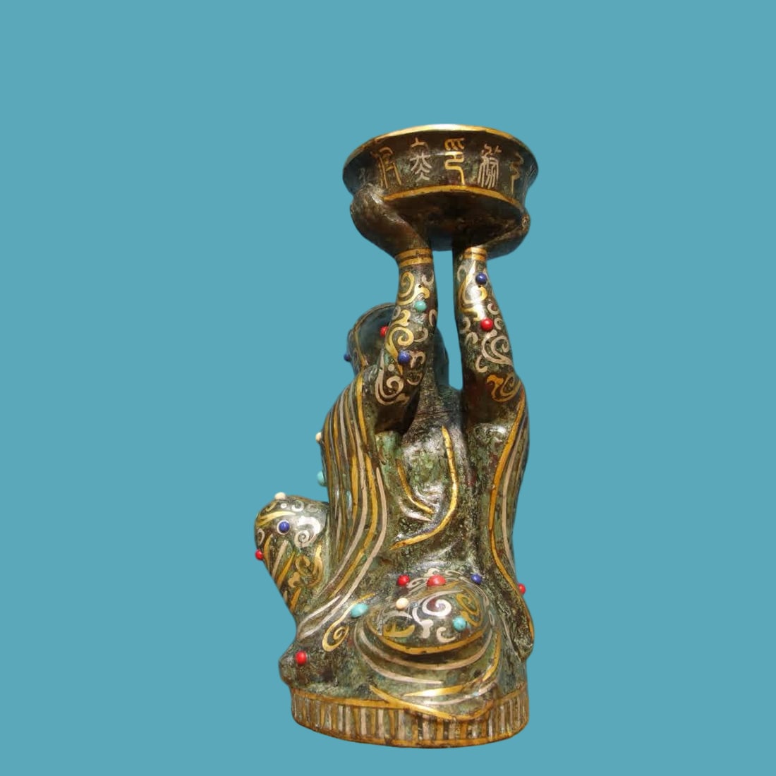 A bronze turquoise gold and silver human lamp: Bronze turquoise inlaid with gold and silver human lamps SIZE: L:13.5cm W:11cm H:25cm W:2.25kg (The Dimensions Of All Batches Are Manually Measured.If You Need More Detailed Information, Please Contac