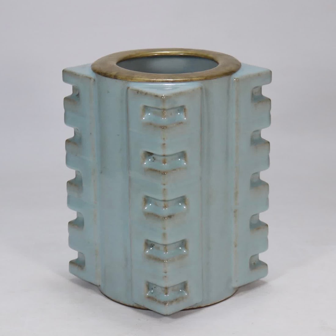 A Southern Song Dynasty official kiln powder celadon cong-style bottle: Southern Song Dynasty official kiln powder celadon cong bottle SIZE: H:22.8cm W:14.5cm (The Dimensions Of All Batches Are Manually Measured.If You Need More Detailed Information, Please Contact Our Cu