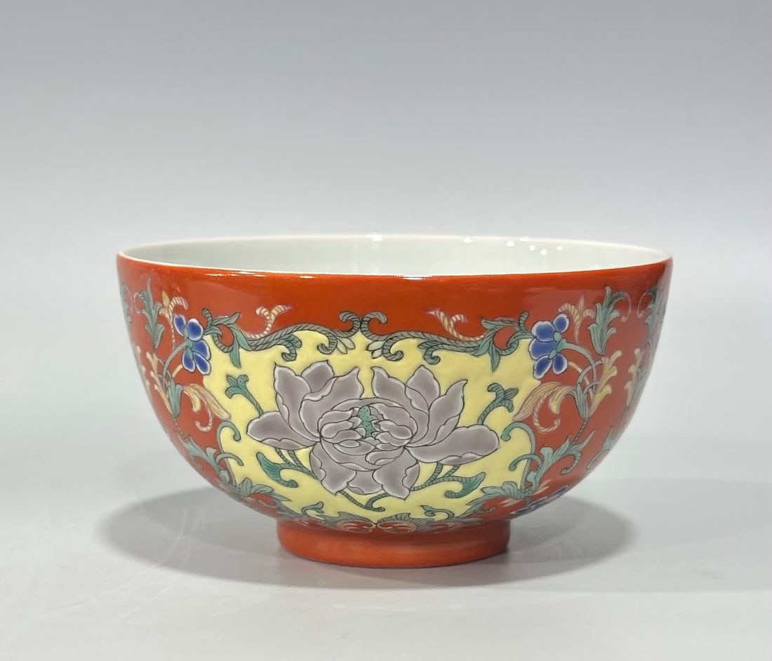 A Qing Yongzheng coral red consecrated peony pattern bowl: Qing Yongzheng foreign color coral red consecrated peony pattern bowl SIZE: H:6.2cm mouthD:11.5cm (The Dimensions Of All Batches Are Manually Measured.If You Need More Detailed Information, Please Con