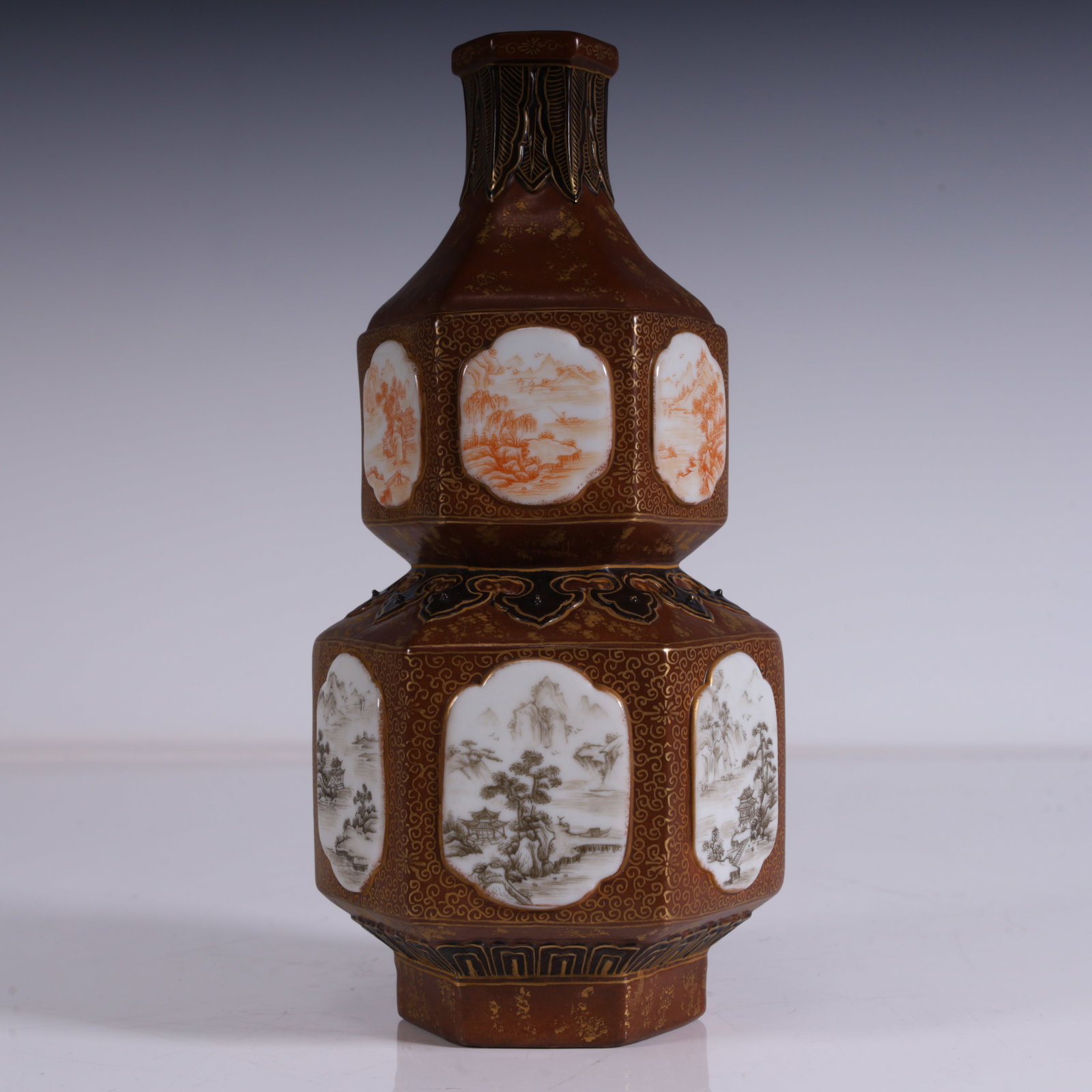 A wood-grain glazed hexagonal gourd bottle, with a red painting of landscape with gold on the top (1 of 17)