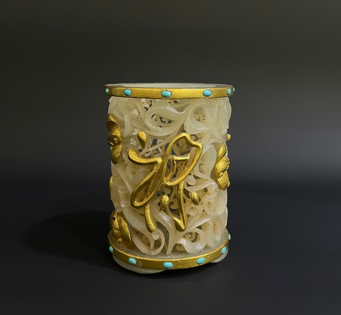 A Qing Dynasty Hetian white jade gold Fulu Shou Lou empty ornament: Qing Dynasty Hetian white jade gold Fulu Shou Lou empty ornament SIZE: H:8cm mouthD:5.6cm (The Dimensions Of All Batches Are Manually Measured.If You Need More Detailed Information, Please Contact Our