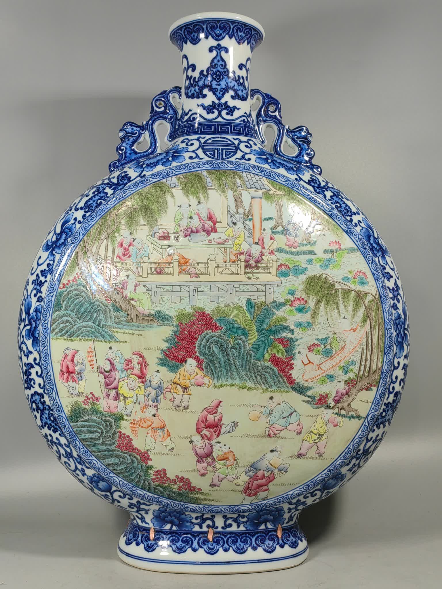 A Qing Dynasty blue and white colorful baby play hundred children holding the moon bottle: Qing Dynasty blue and white colored baby play hundred children picture holding the moon bottle SIZE: L:43cm W:18cm H:58cm (The Dimensions Of All Batches Are Manually Measured.If You Need More Detailed