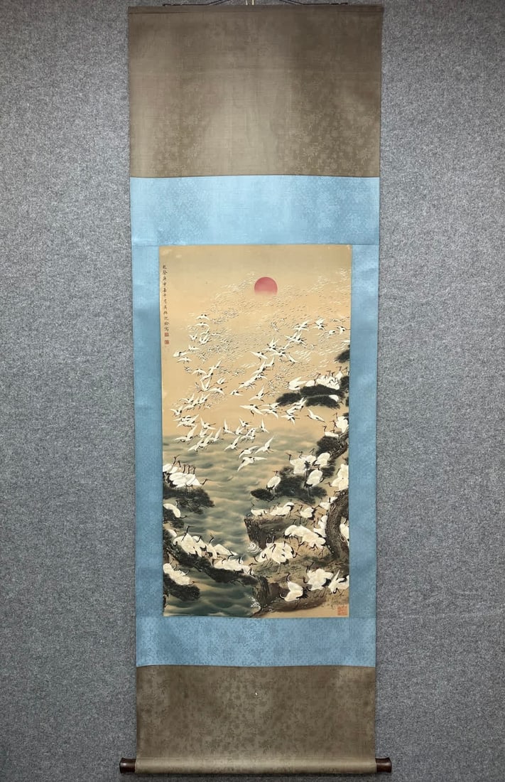A picture of Shen Quan's Hundred Cranes: Shen Quan's Hundred Crane Picture SIZE: Painting Core102x51cm (The Dimensions Of All Batches Are Manually Measured.If You Need More Detailed Information, Please Contact Our Customer Service Before Bid
