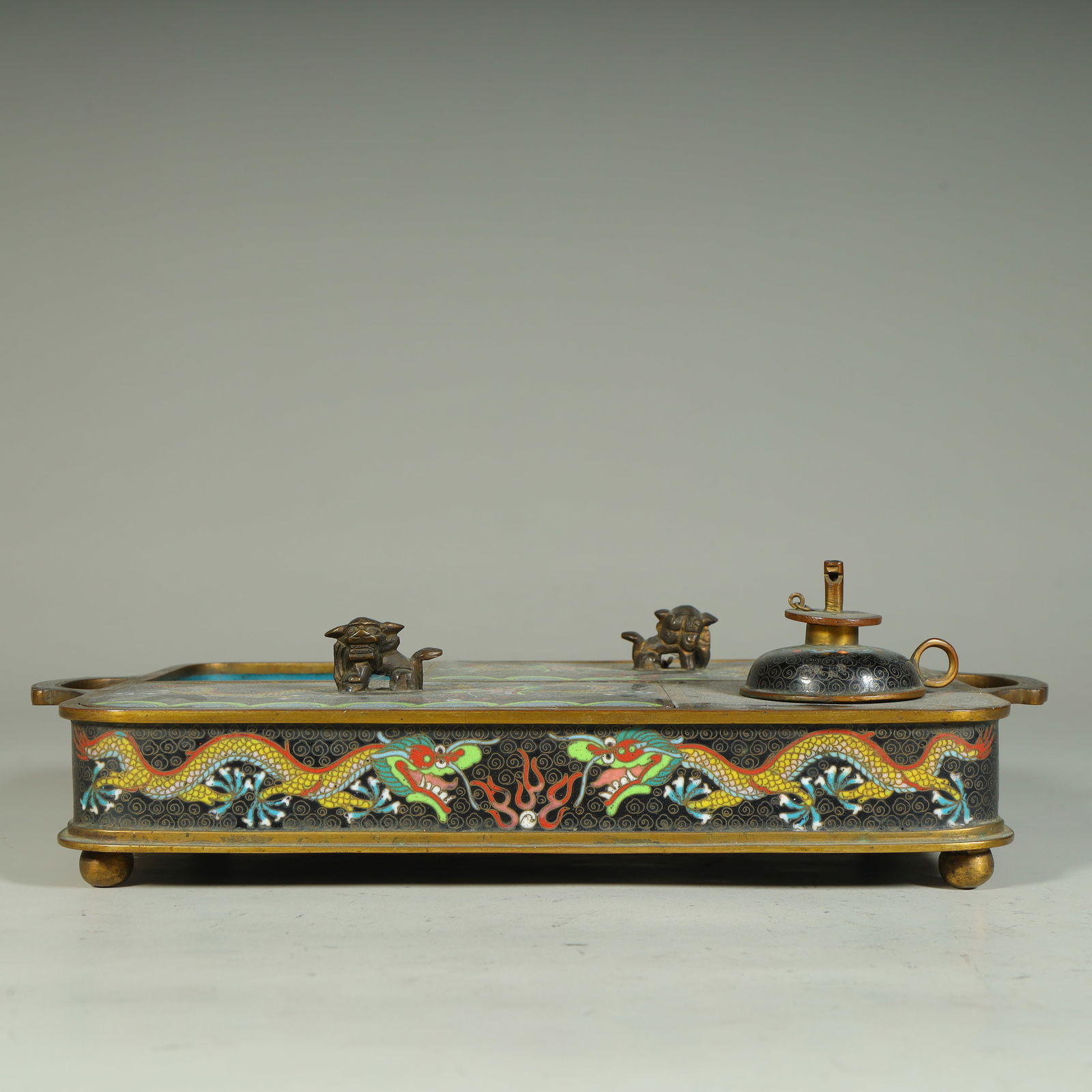 A cloisonné enamel dragon pattern study box: Cloisonné enamel dragon pattern study set box SIZE: H:8cm L:28.5cm W:16.5cm W:1660g (The Dimensions Of All Batches Are Manually Measured.If You Need More Detailed Information, Please Contact Our Cust