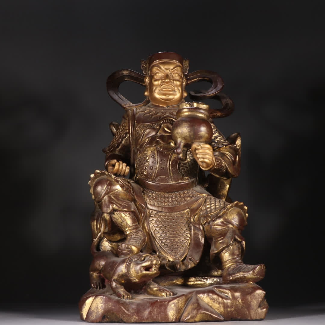 A statue of Zhao Gongming, the god of wealth, painted with nanmu lacquer: Nanmu lacquered gold statue of Zhao Gongming, the god of wealth SIZE: H:40cm W:23cm W:3374.1g (The Dimensions Of All Batches Are Manually Measured.If You Need More Detailed Information, Please