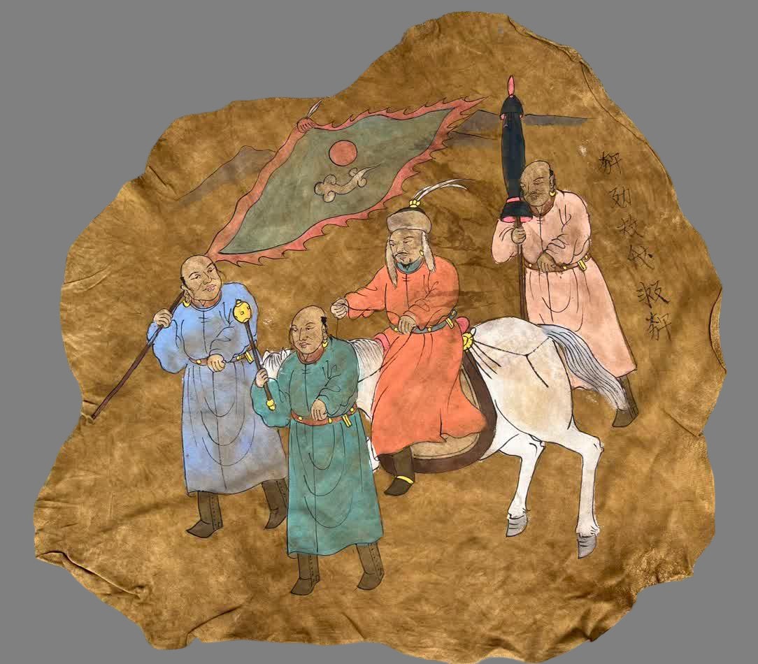 A handmade sheepskin painting of Hu people in the Liao and Jin dynasties: Liao and Jin dynasties handmade sheepskin painting Hu people SIZE: L:82cm W:80cm (The Dimensions Of All Batches Are Manually Measured.If You Need More Detailed Information, Please Contact Our Customer