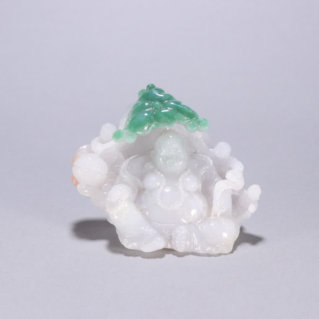 A Qing Dynasty jade intricately carved Maitreya Buddha ornament: Qing Dynasty jade intricately carved Maitreya Buddha ornaments SIZE: H:8.4cm W:9.1cm W:230g (The Dimensions Of All Batches Are Manually Measured.If You Need More Detailed Information, Please Contact O