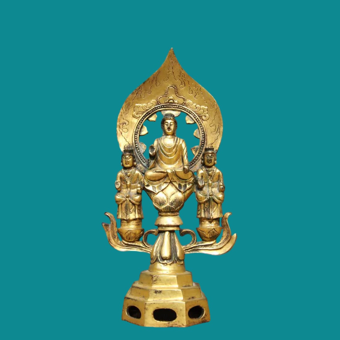 One piece of copper gilt real gold one Buddha and two bodhisattvas (1 of 9)