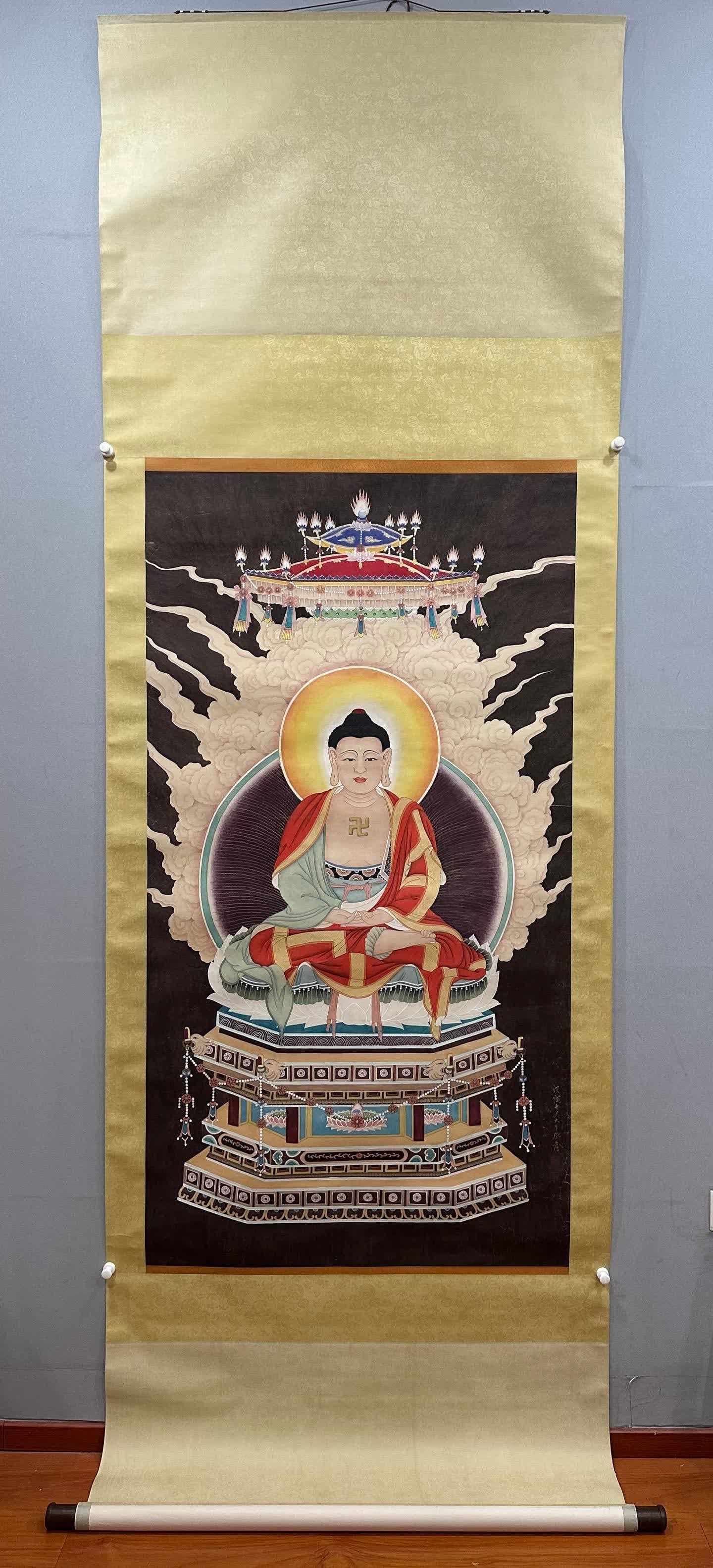 A picture of a Buddha statue of Zhang Daqian: Zhang Daqian's Buddha statue picture SIZE: Painting Core167x90cm (The Dimensions Of All Batches Are Manually Measured.If You Need More Detailed Information, Please Contact Our Customer Service Before