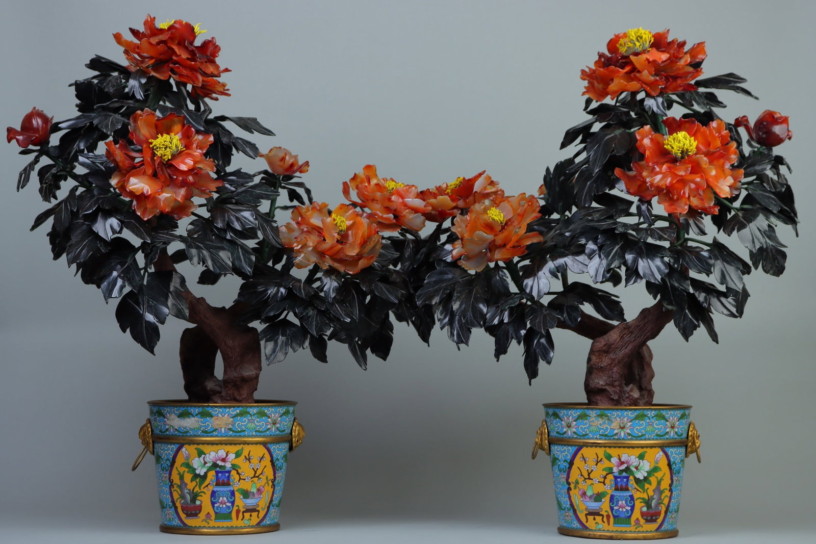 A Pair of Exquisite Cloisonne Inlaid Gems Flower Pattern Bonsai (1 of 9)