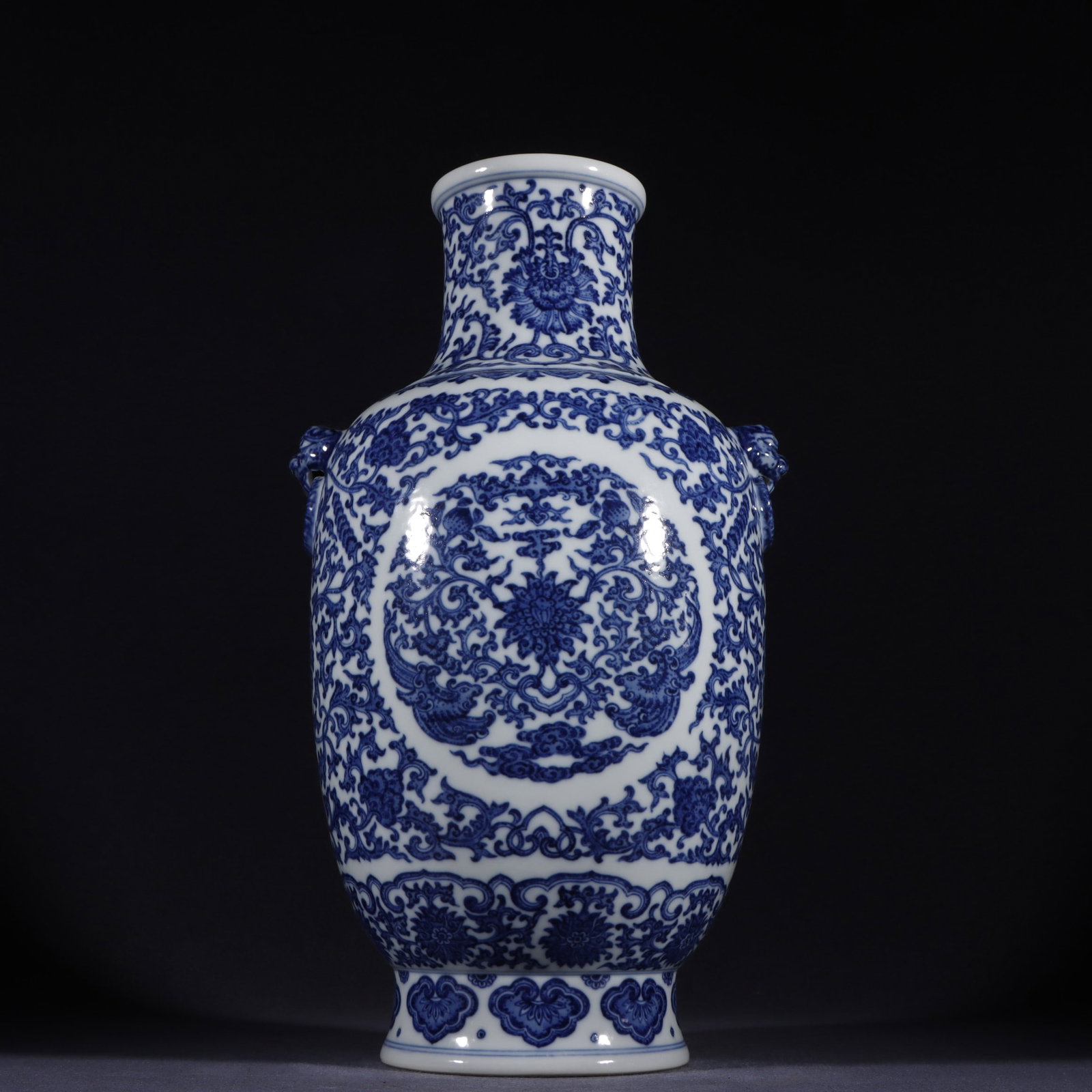 An Exquisite Blue and White Lotus Pattern Bats and Peach Pattern Double-Ears Vase: An Exquisite Blue and White Lotus Pattern Bats and Peach Pattern Double-Ears Vase Qing Dynasty, China Qianlong Six-character Mark Size:33.8cmx19.5cm (The Dimensions Of All Batches Are Manually Measure