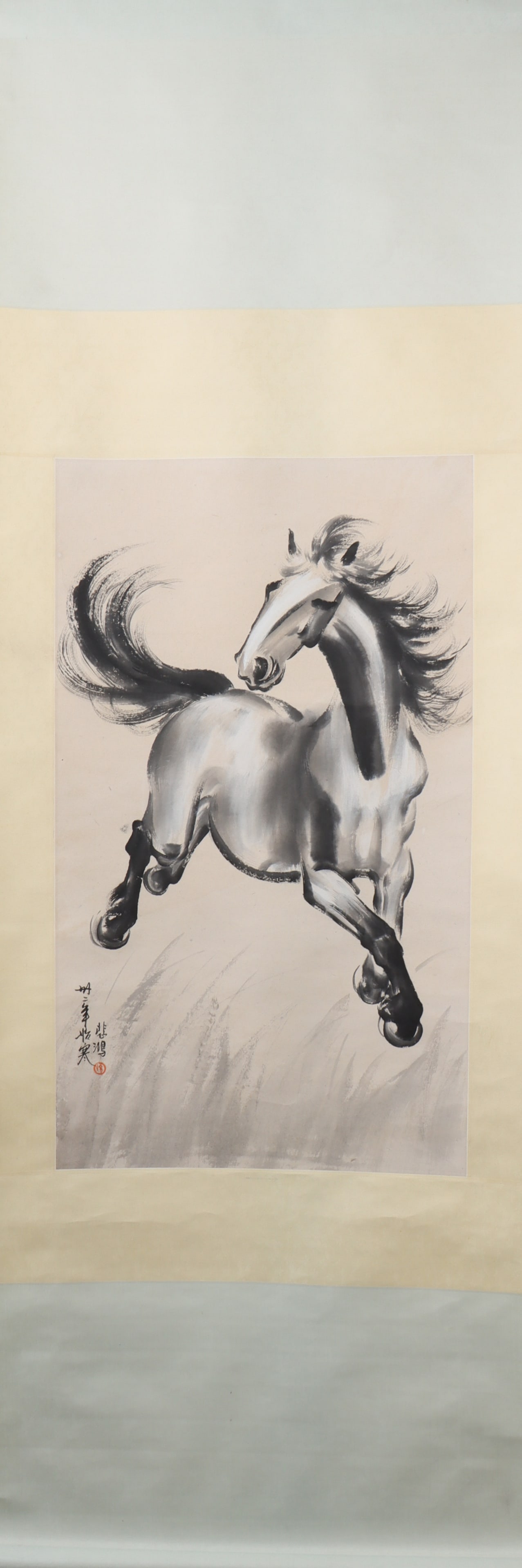 A Chinese Vertical Scroll Ink Painting of Horse on Paper: A Chinese Vertical Scroll Ink Painting of Horse on Paper Xu beihong Size:81cmx47cm (The Dimensions Of All Batches Are Manually Measured.If You Need More Detailed Information, Please Contact Our Custom