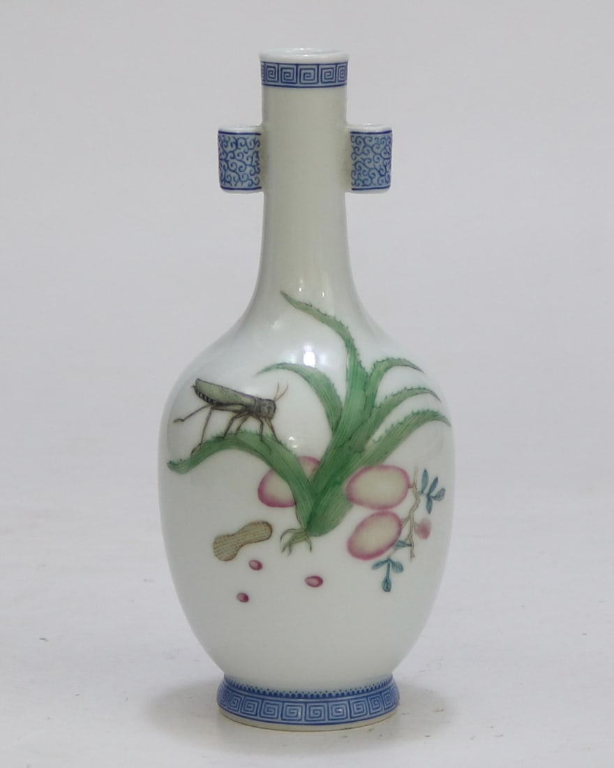 An Exquisite Enamel Melon and Fruit Pattern Insect Pattern with poem Double-Ears Vase (1 of 9)