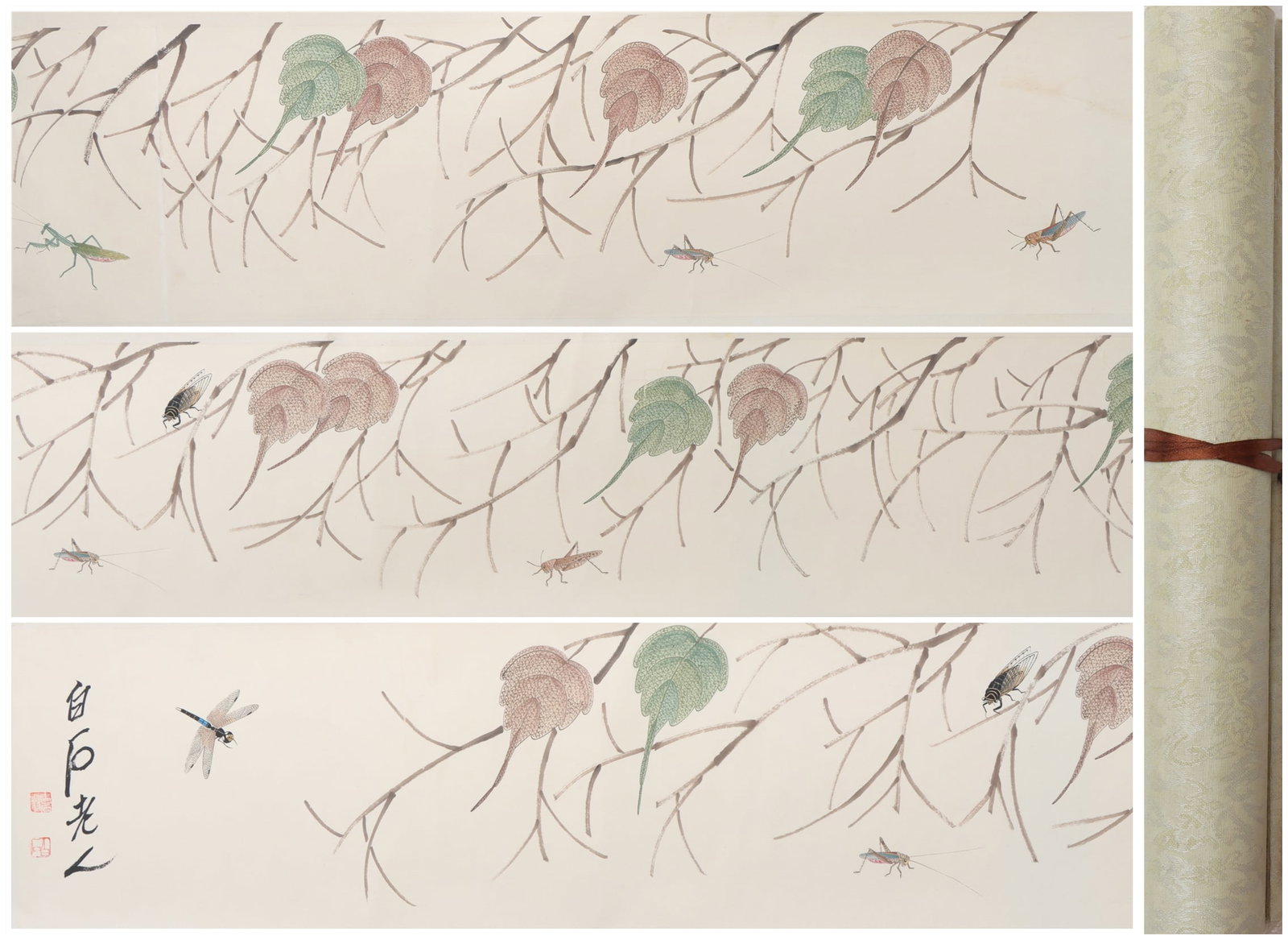 A Chinese Hand Scroll Ink Painting of Insect on Paper: A Chinese Hand Scroll Ink Painting of Insect on Paper Qi baishi Size:293cmx28cm (The Dimensions Of All Batches Are Manually Measured.If You Need More Detailed Information, Please Contact Our Customer