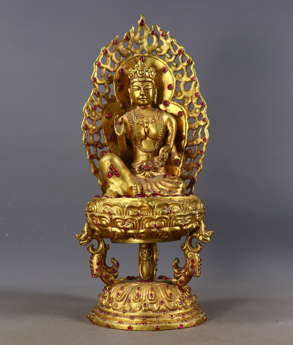 An Exquisite Gilt Bronze Inlaid Gems Buddha Statue: An Exquisite Gilt Bronze Inlaid Gems Buddha Statue Qing Dynasty, China Size:35cmx14.5cmx13.5cm Weight:2651g (The Dimensions Of All Batches Are Manually Measured.If You Need More Detailed Information,