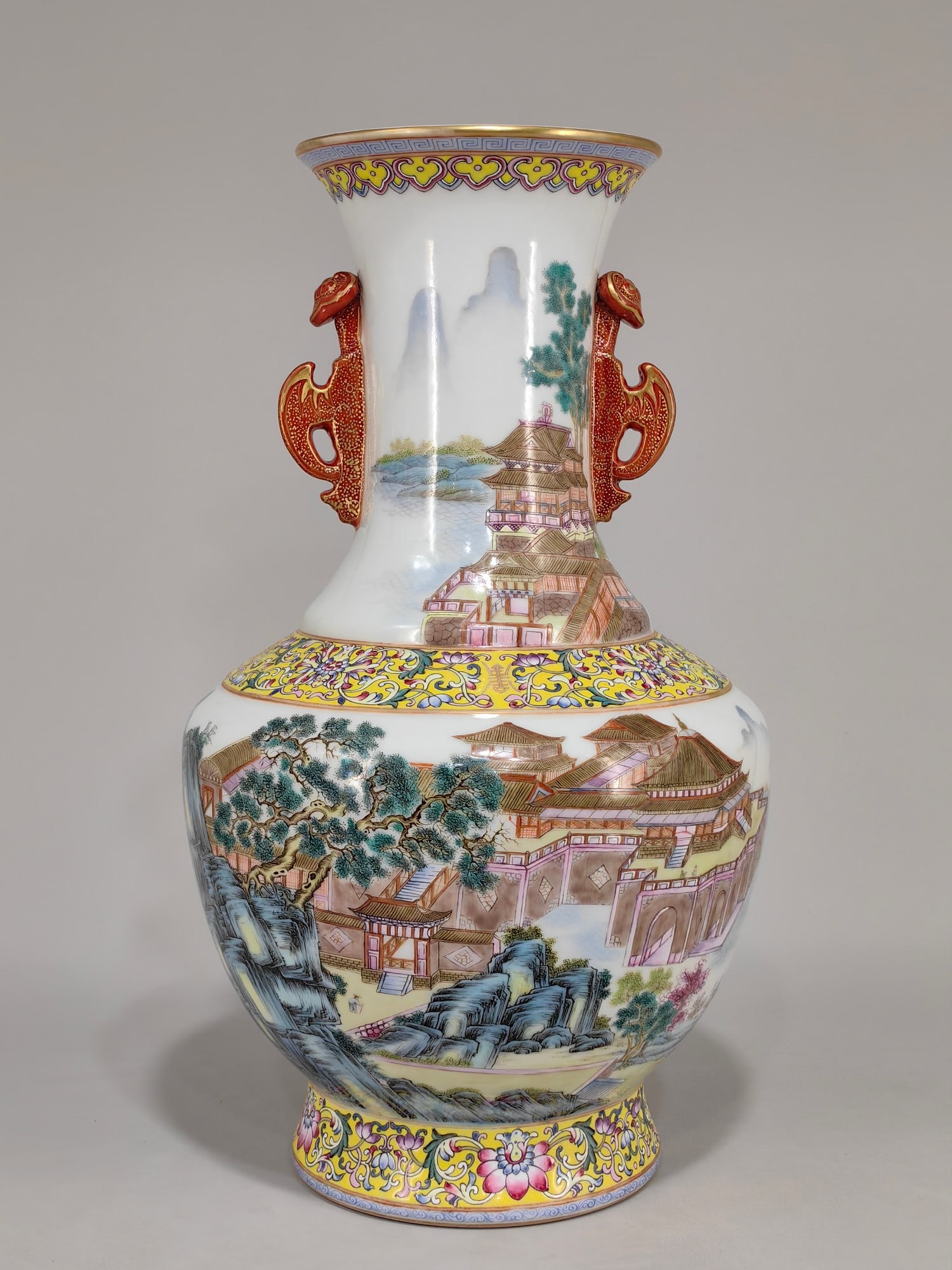 An Exquisite Famille-Rose Lotus Pattern Landscape Pattern Double-Ears Vase: An Exquisite Famille-Rose Lotus Pattern Landscape Pattern Double-Ears Vase Qing Dynasty, China Qianlong Six-character Mark Size:36.8cmx24cm (The Dimensions Of All Batches Are Manually Measured.If You