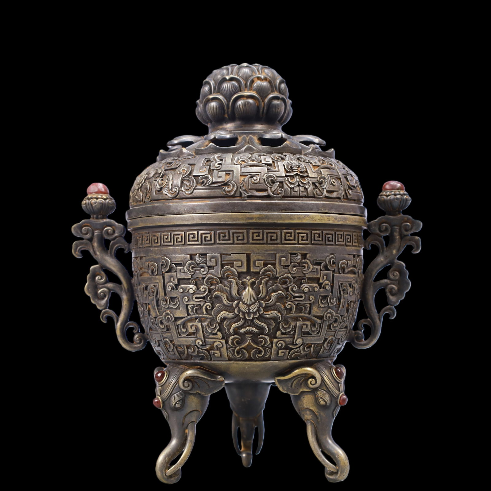A Exquisite Silver Inlaid Gems Lotus Pattern Double-Ears and Tripod Censer: A Exquisite Silver Inlaid Gems Lotus Pattern Double-Ears and Tripod Censer Ming Dynasty, China Size:18cmx13cmx22cm Weight:1650g (The Dimensions Of All Batches Are Manually Measured.If You Need More De
