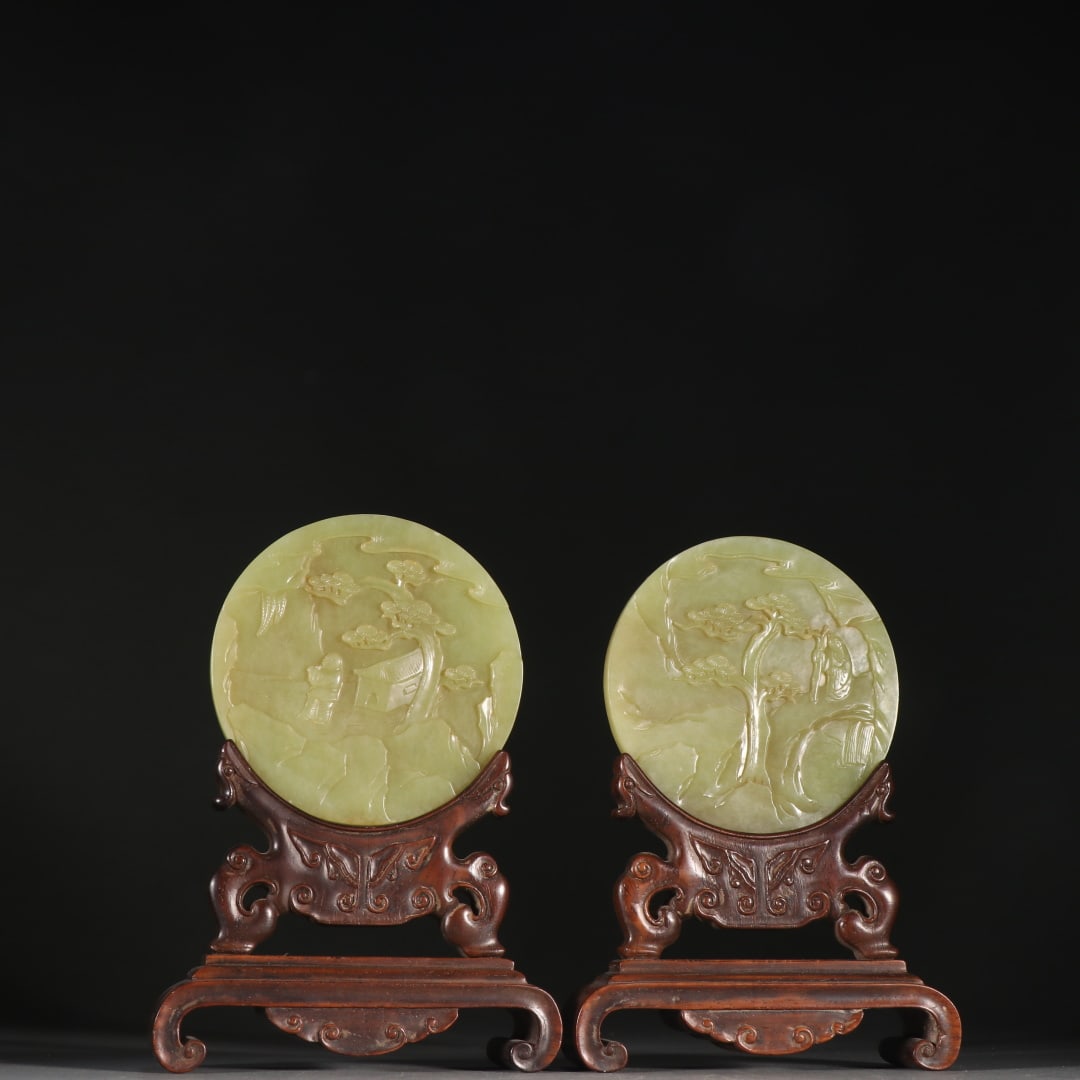 A Pair of Exquisite Yellow Jade Landscape and Figure Pattern with poem Screen (1 of 9)