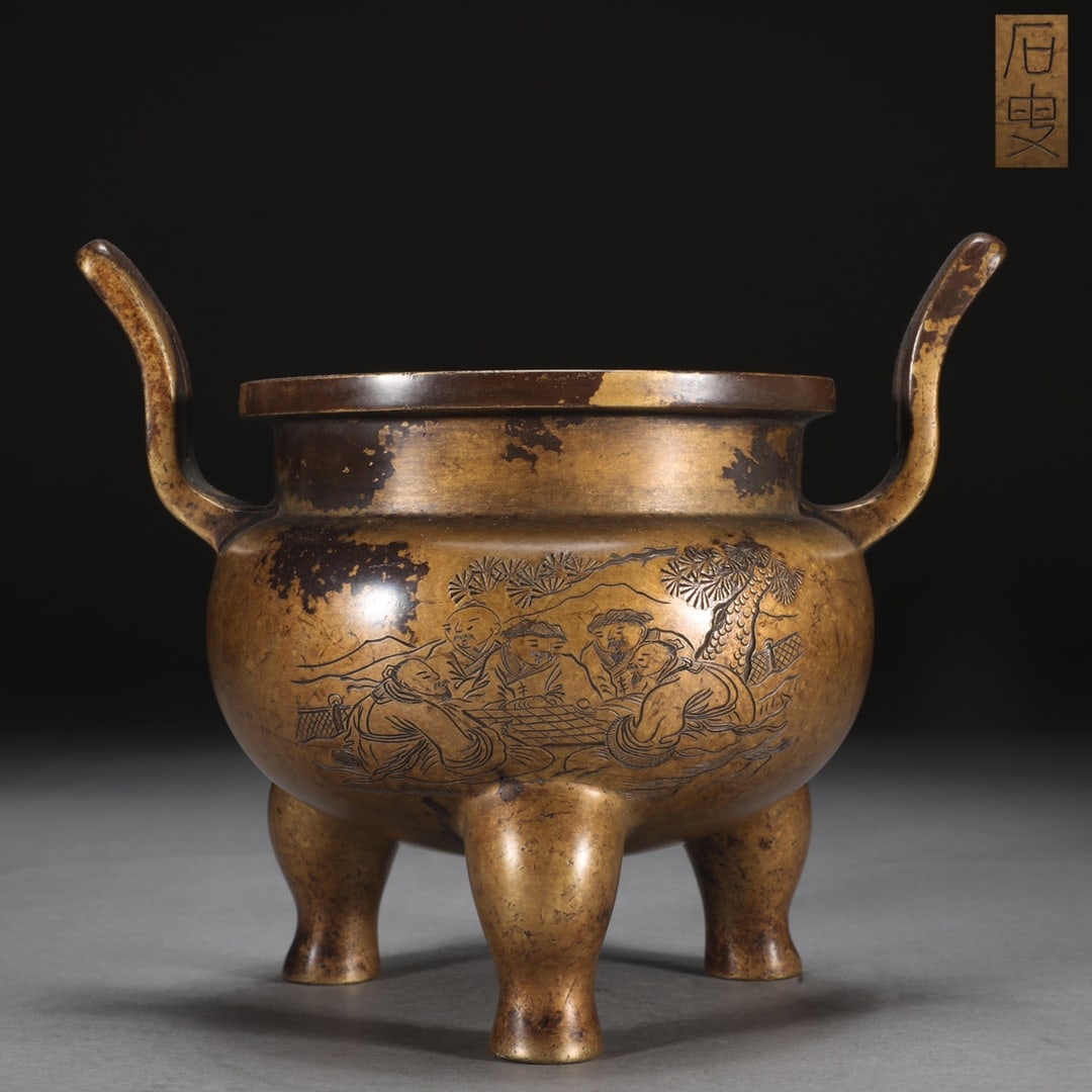 An Exquisite Bronze Character and Story Pattern with poem Double-Ears and Tripod Censer: An Exquisite Bronze Character and Story Pattern with poem Double-Ears and Tripod Censer Ming Dynasty, China Size:15.3cmx13.5cm Weight:2000g (The Dimensions Of All Batches Are Manually Measured.If You