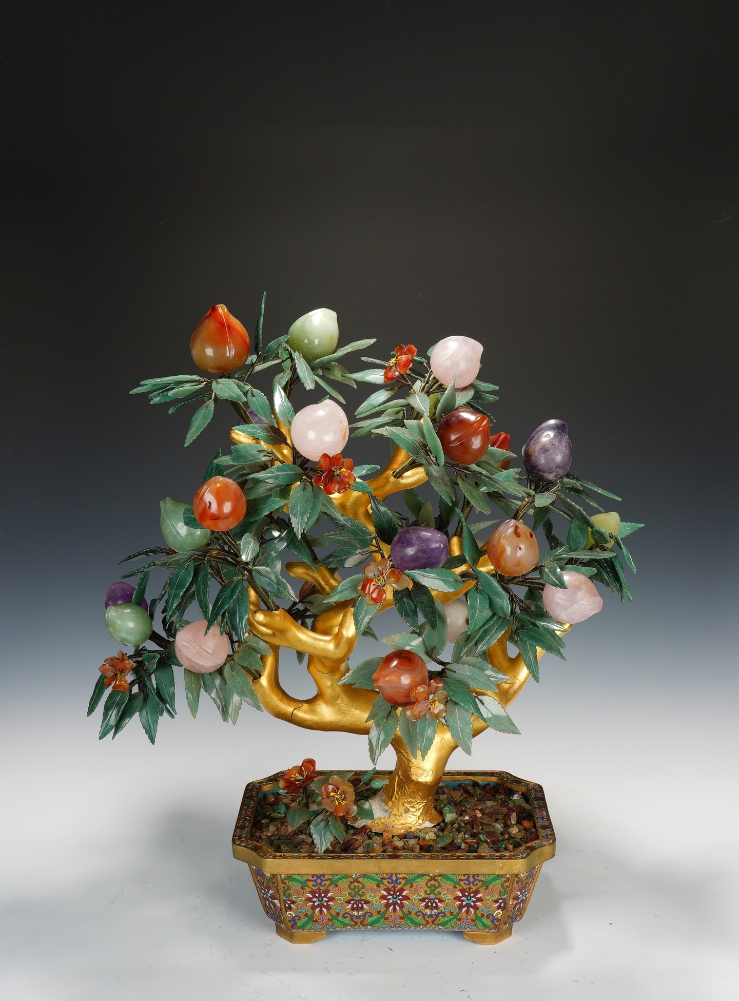 An Exquisite Cloisonne Inlaid Gems Flower and Fruit Pattern Bonsai: An Exquisite Cloisonne Inlaid Gems Flower and Fruit Pattern Bonsai Qing Dynasty, China Size:70cmx60cm (The Dimensions Of All Batches Are Manually Measured.If You Need More Detailed Information, Please