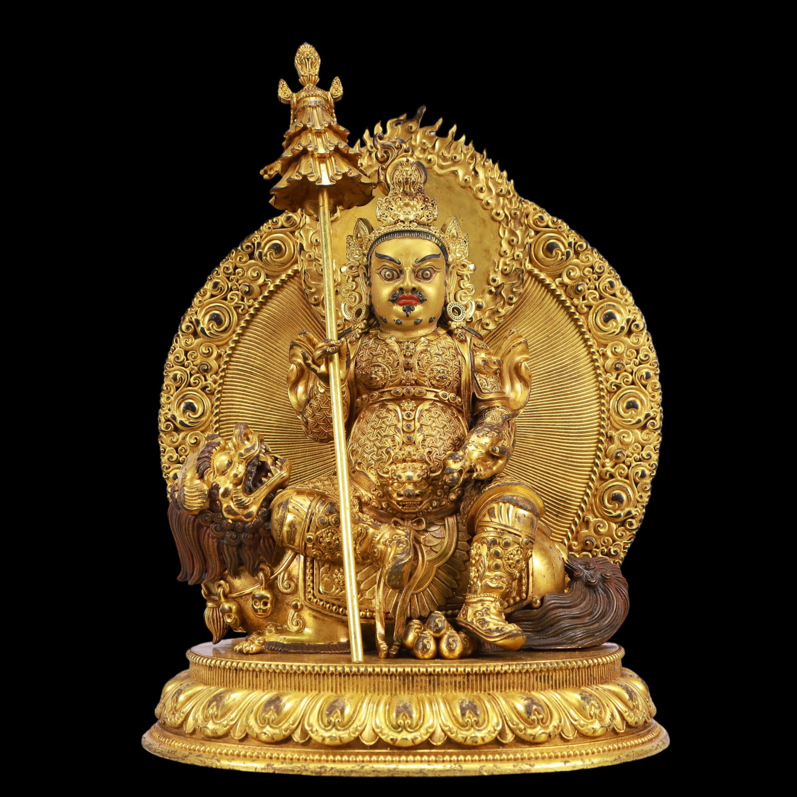 A Exquisite Gilt Bronze Statue of Mammon Rides the Lion: A Exquisite Gilt Bronze Statue of Mammon Rides the Lion Ming Dynasty, China Size:22cmx13cmx30cm Weight:6850g (The Dimensions Of All Batches Are Manually Measured.If You Need More Detailed Information,