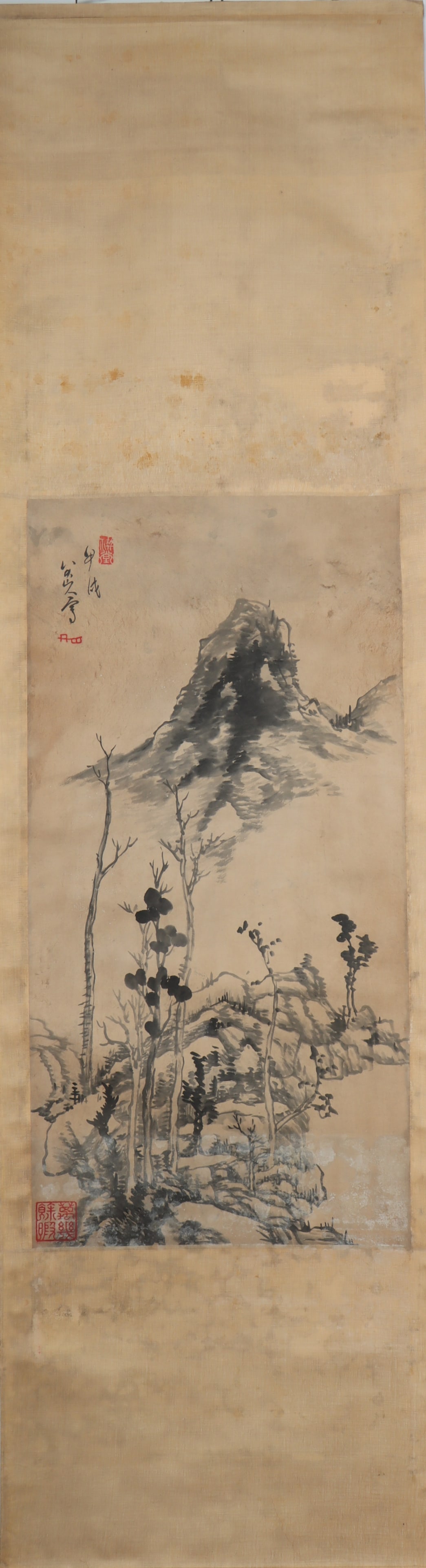 A Chinese Vertical Scroll Ink Painting of Landscape on Paper: A Chinese Vertical Scroll Ink Painting of Landscape on Paper Ba dashanren Size:83cmx41cm (The Dimensions Of All Batches Are Manually Measured.If You Need More Detailed Information, Please Contact Our