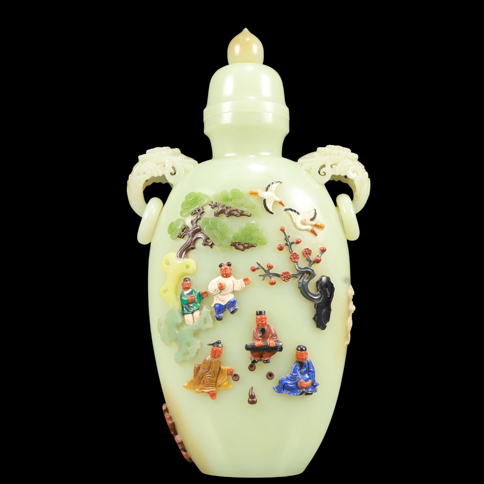 A Exquisite White Jade Inlaid Gems Character and Story Pattern Double-Ears Vase (1 of 11)