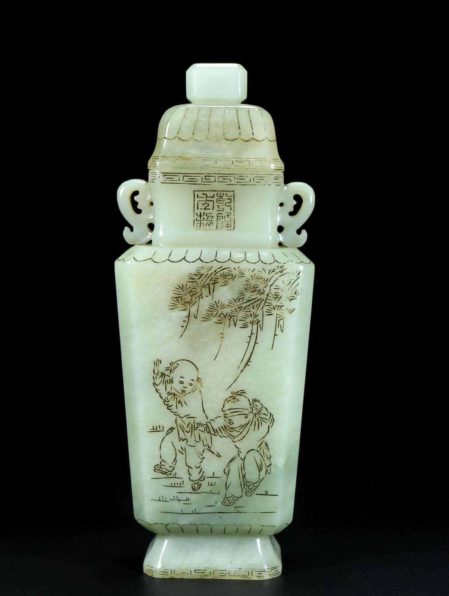 An Exquisite White Jade Character and Story Pattern Double-Ears Vase: An Exquisite White Jade Character and Story Pattern Double-Ears Vase Qing Dynasty, China Qianlong Four-character Mark Size:21cmx9cmx5cm Weight:583g (The Dimensions Of All Batches Are Manually Measured