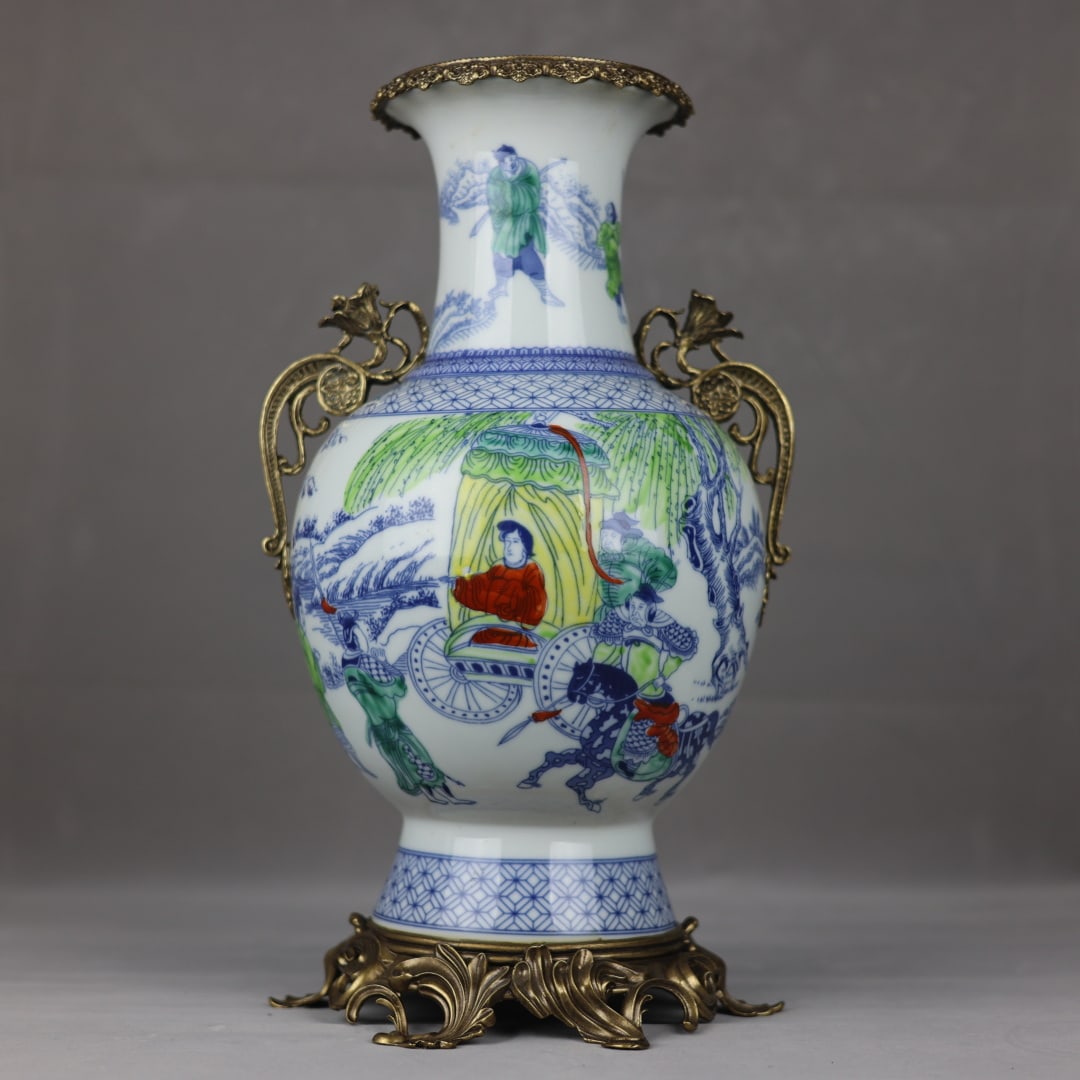 An Exquisite Doucai Inlaid Bronze Character and Story Pattern Double-Ears Vase: An Exquisite Doucai Inlaid Bronze Character and Story Pattern Double-Ears Vase Qing Dynasty, China Kangxi Six-character Mark Size:43cmx24.5cm (The Dimensions Of All Batches Are Manually Measured.If Yo