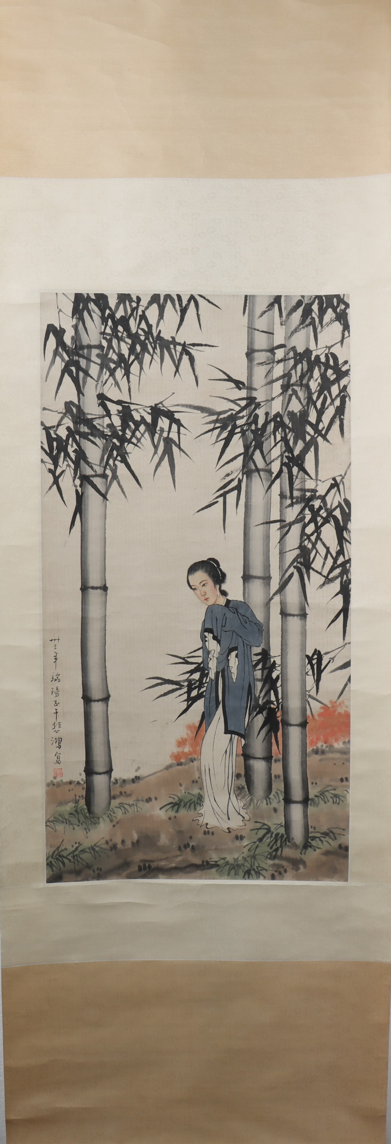 A Chinese Vertical Scroll Ink Painting of Woman on Paper: A Chinese Vertical Scroll Ink Painting of Woman on Paper Xu beihong Size:95cmx50cm (The Dimensions Of All Batches Are Manually Measured.If You Need More Detailed Information, Please Contact Our Custom