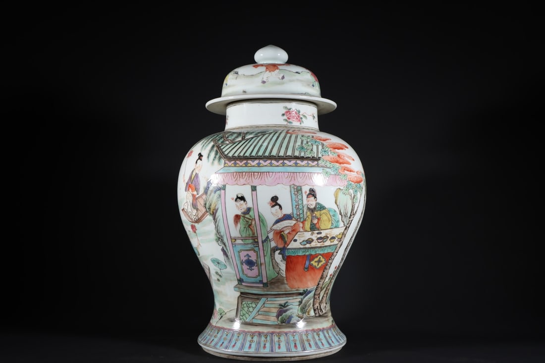 An Exquisite Famille-Rose Character and Story Pattern Jar: An Exquisite Famille-Rose Character and Story Pattern Jar Qing Dynasty, China Size:42cmx27cm (The Dimensions Of All Batches Are Manually Measured.If You Need More Detailed Information, Please Contact 