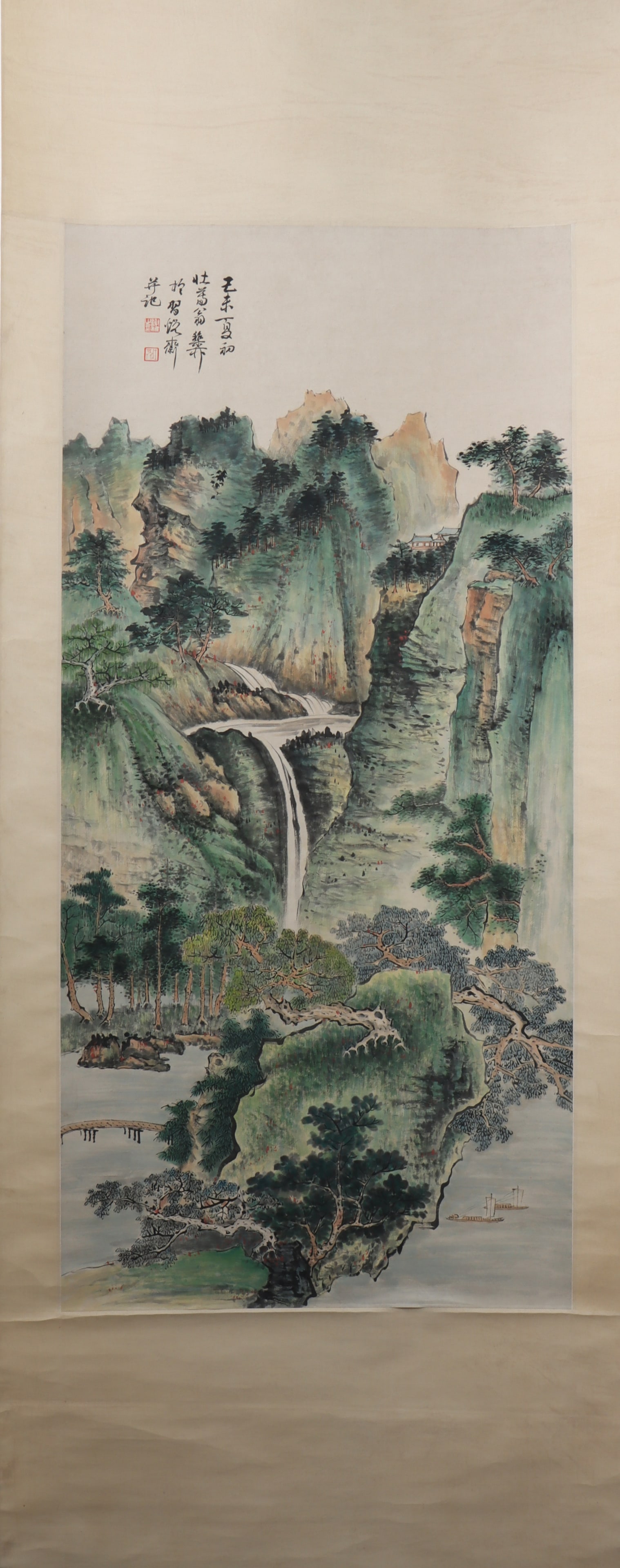 A Chinese Vertical Scroll Ink Painting of Landscape on Paper: A Chinese Vertical Scroll Ink Painting of Landscape on Paper Xie zhiliu Size:126cmx59cm (The Dimensions Of All Batches Are Manually Measured.If You Need More Detailed Information, Please Contact Our C